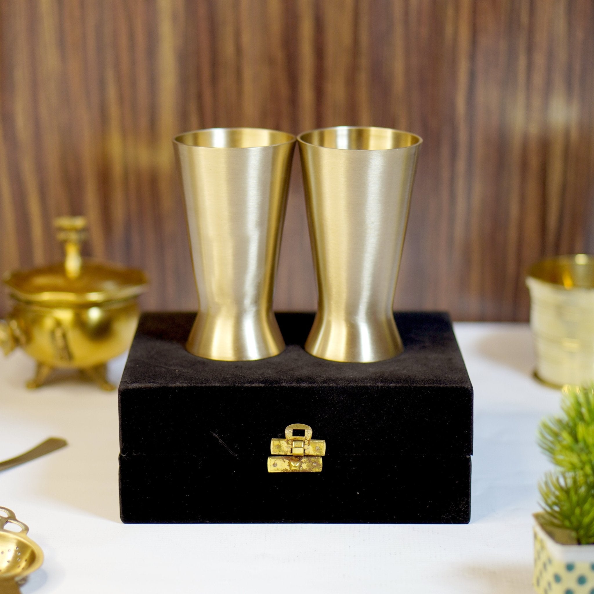 Bronze / Kansa Lassi Glass with Velvet Box ( Set of 2 ) - Brass Globe -