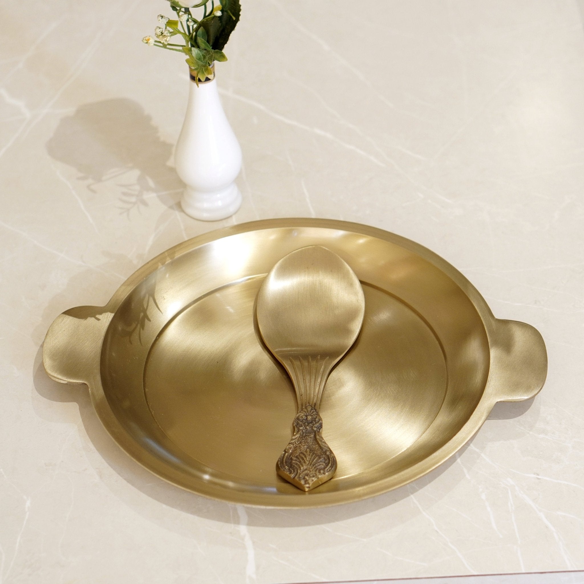 Bronze / Kansa Rice Plate with Rice Serving Spoon - Brass Globe -