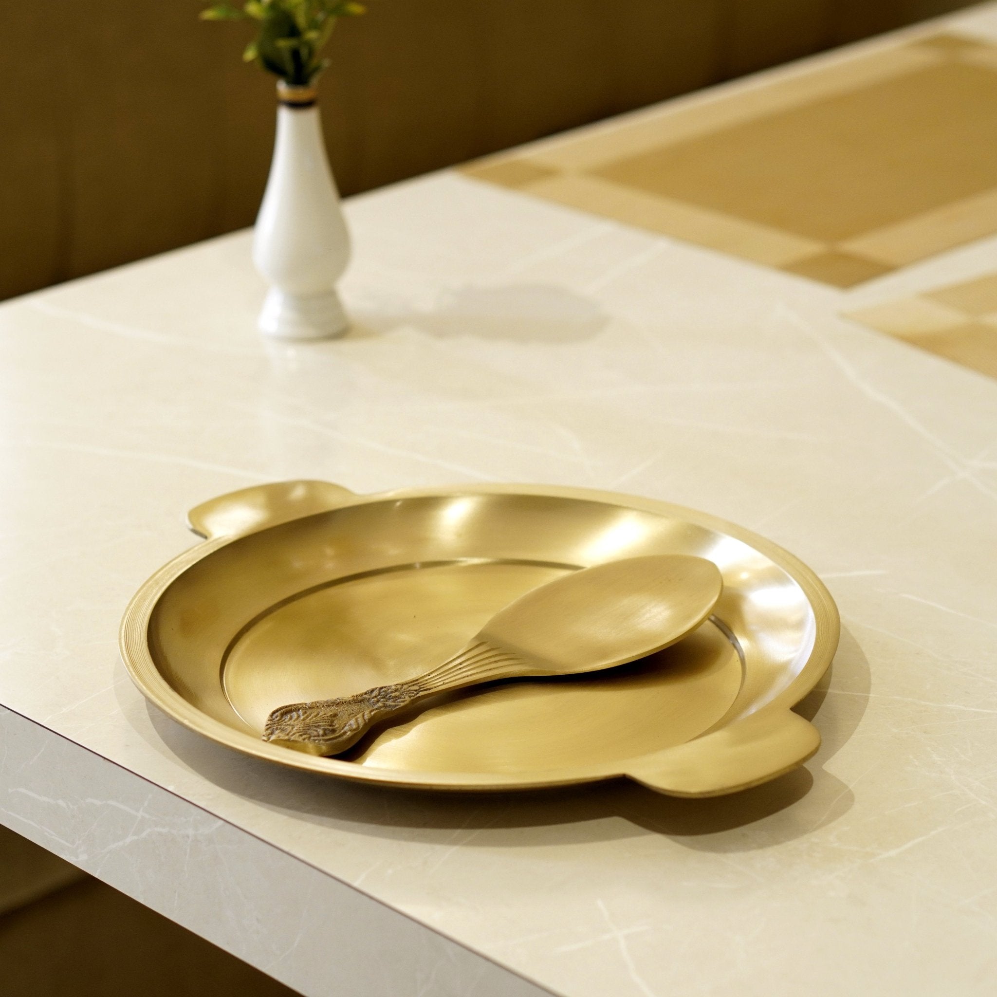 Bronze / Kansa Rice Plate with Rice Serving Spoon - Brass Globe -