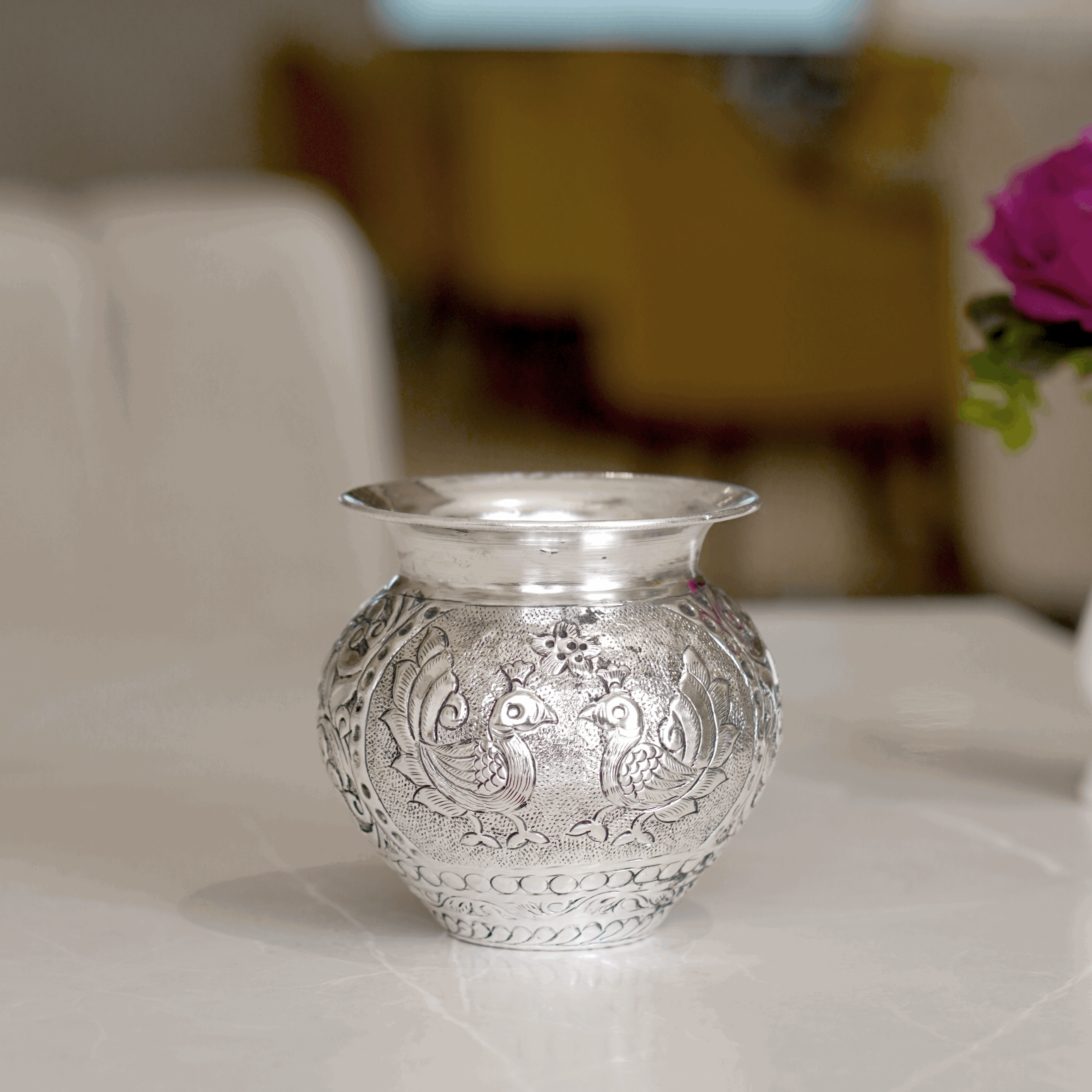 Brass Mayur Lota / Kalash with Silver Finish