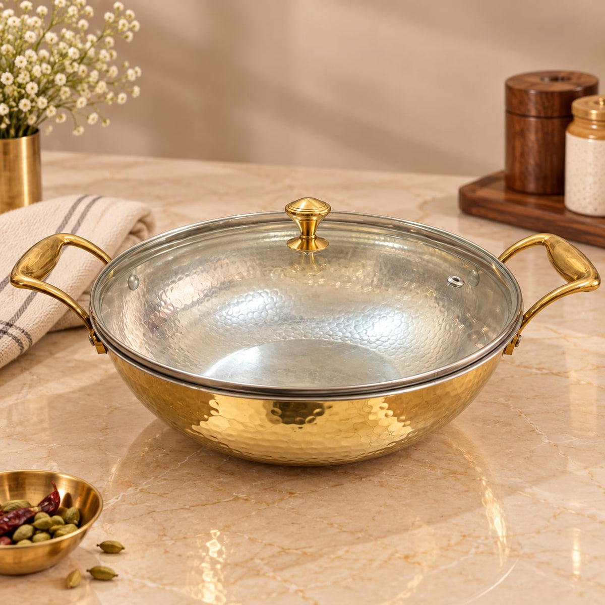 Brass Kadhai with Glass Lid (Tin Coated)