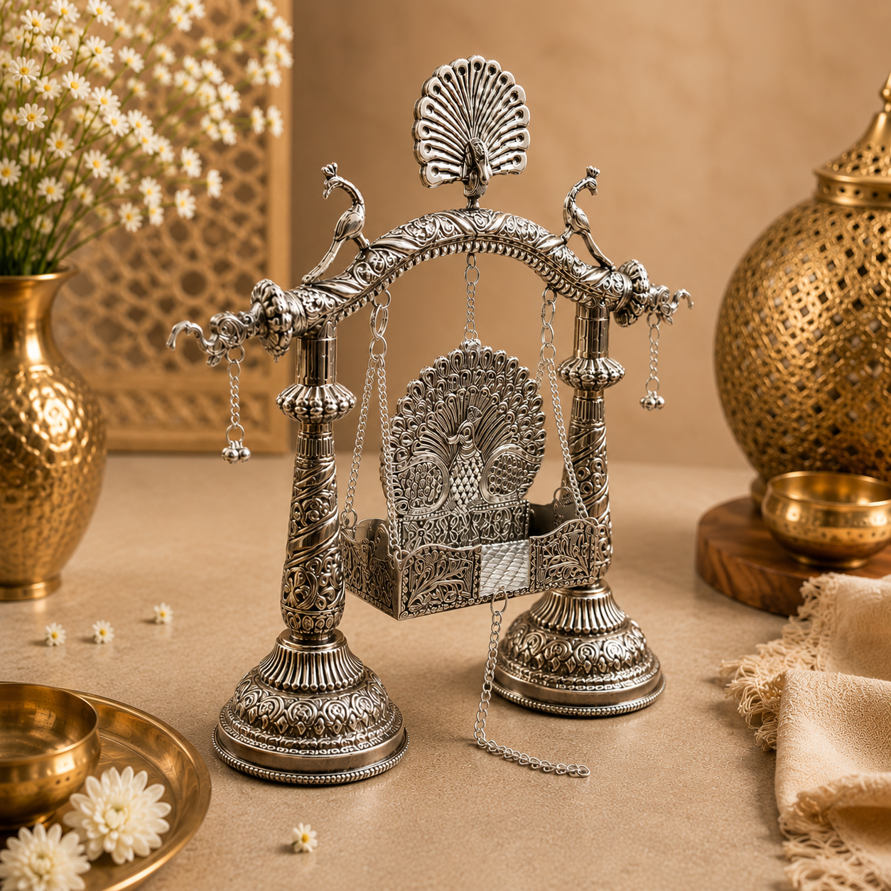 Brass Peacock Jhula with Silver Finish