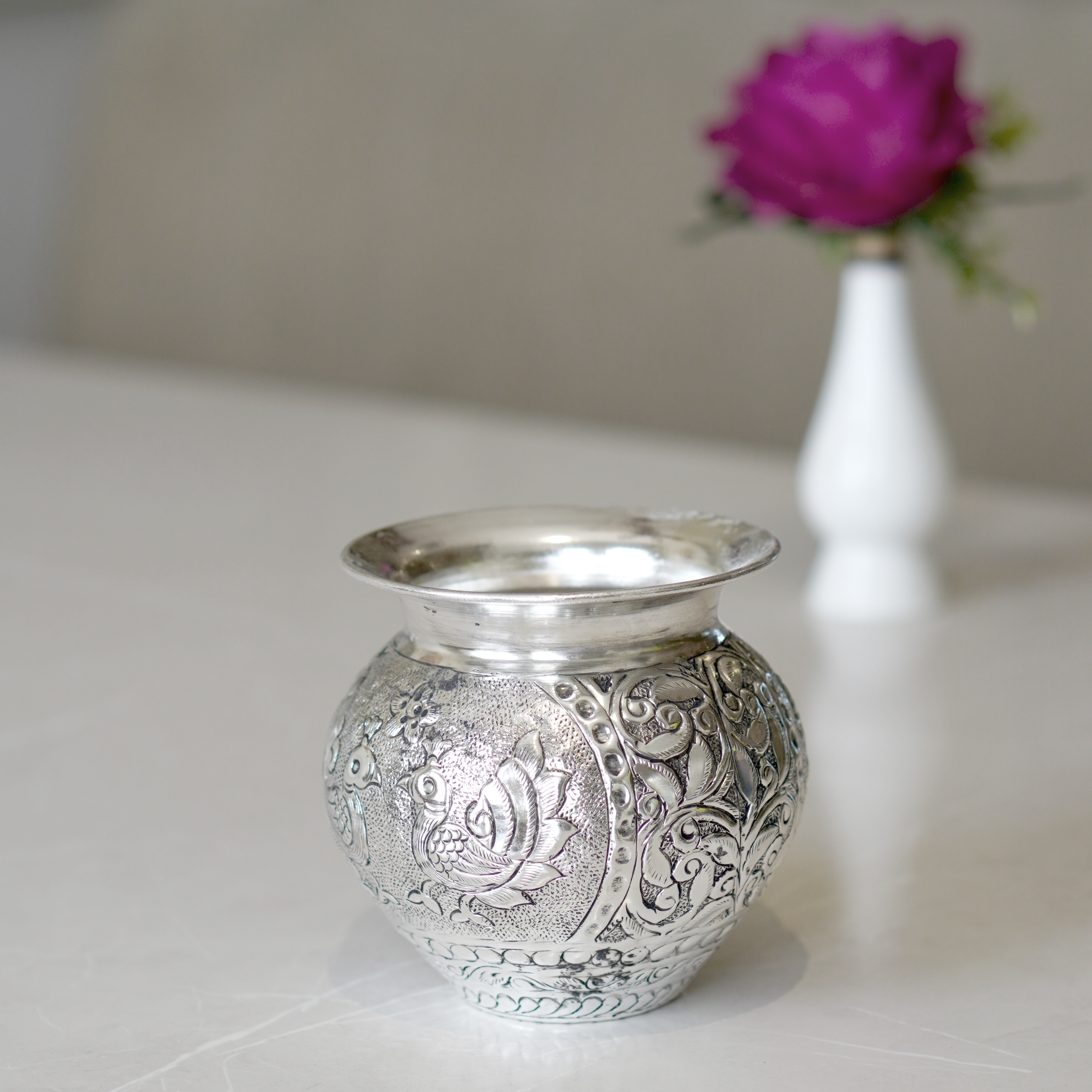 Brass Mayur Lota / Kalash with Silver Finish