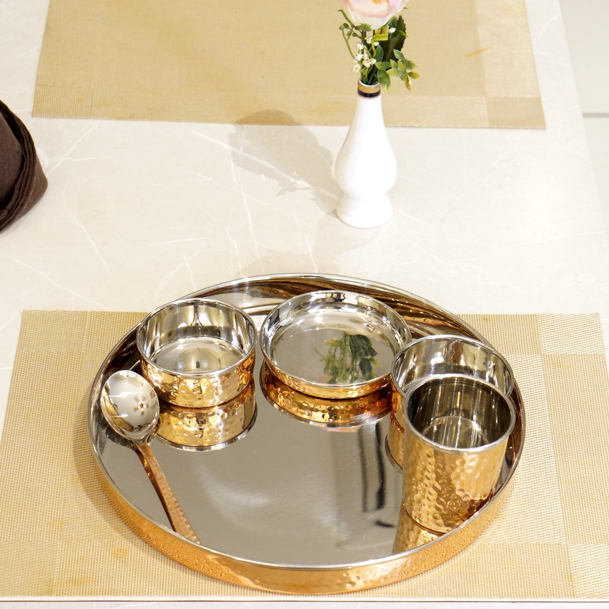 Steel Copper Thalli Dinner Set ( Pack of 6 ) - Brass Globe -