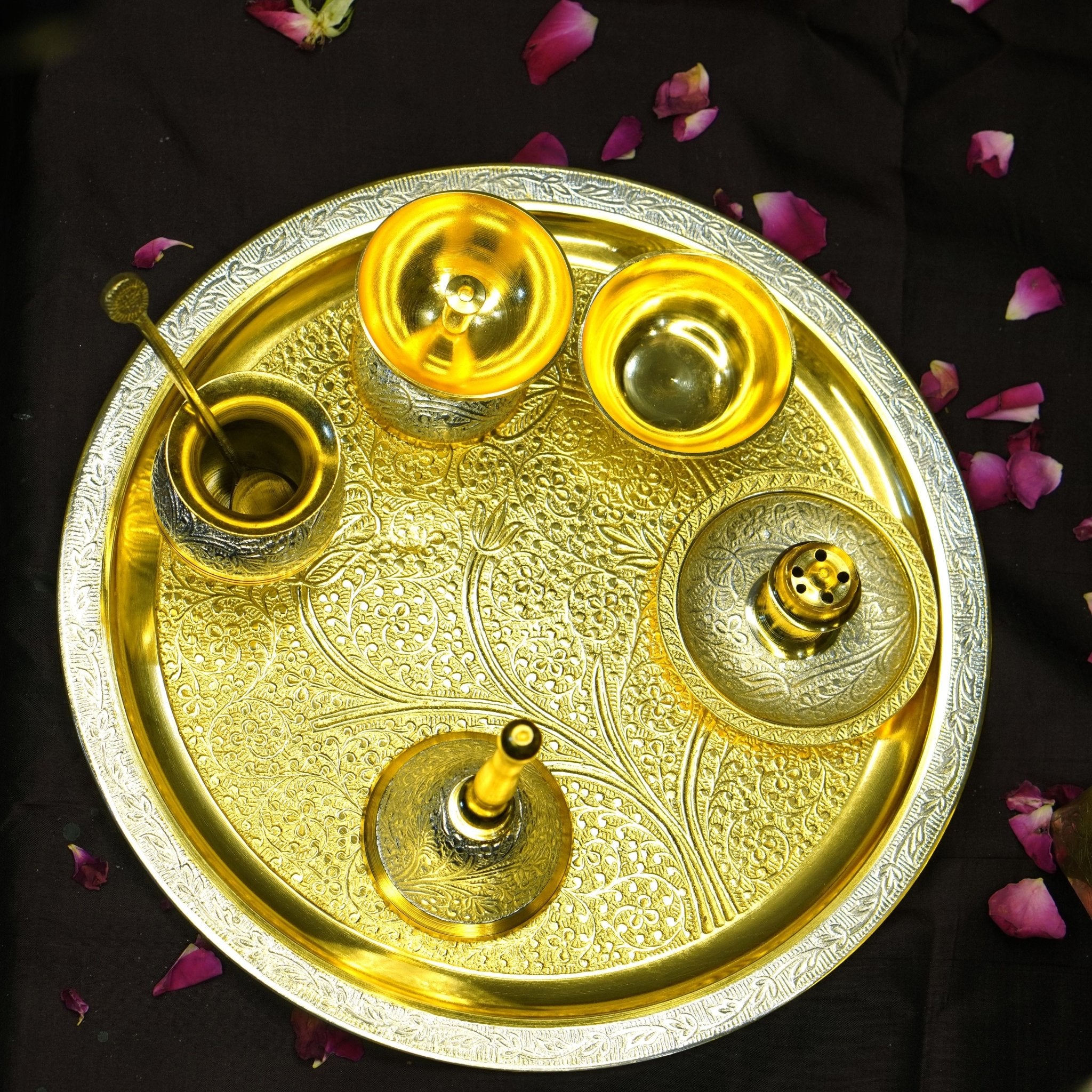 Two Tone Polish Brass Pooja Set &Velvet Box - Brass Globe -