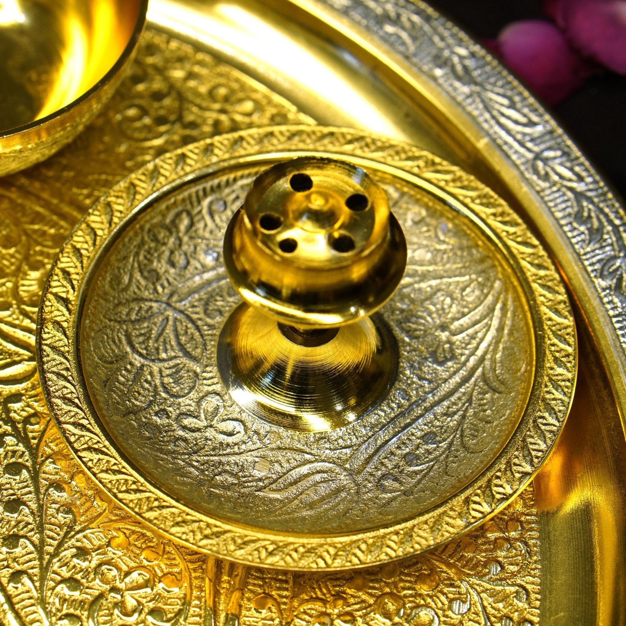 Two Tone Polish Brass Pooja Set &Velvet Box - Brass Globe -