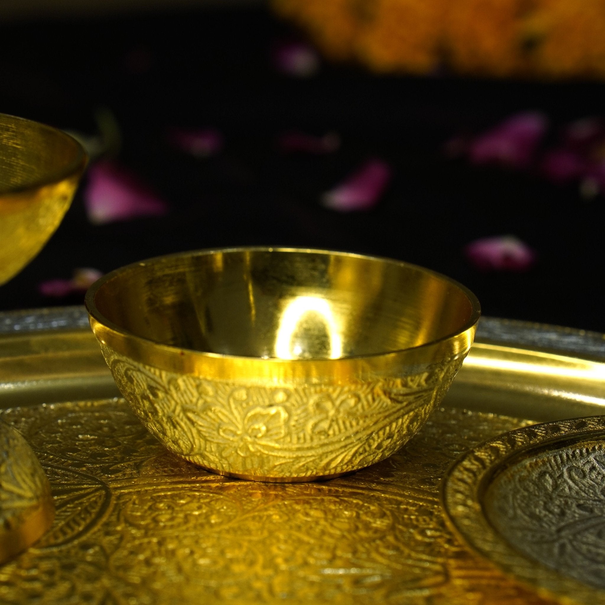 Two Tone Polish Brass Pooja Set &Velvet Box - Brass Globe -