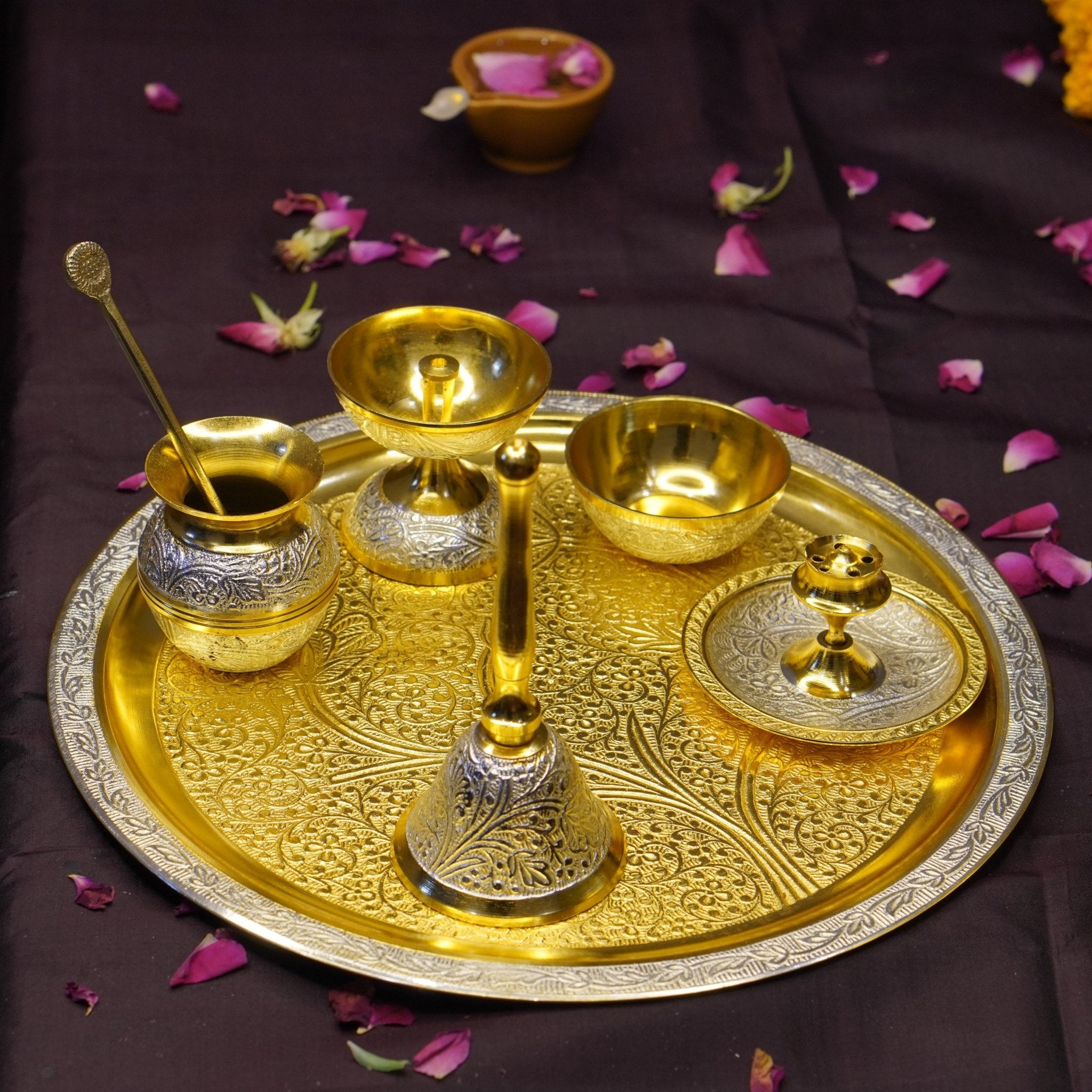 Two Tone Polish Brass Pooja Set with Velvet Box - Brass Globe -