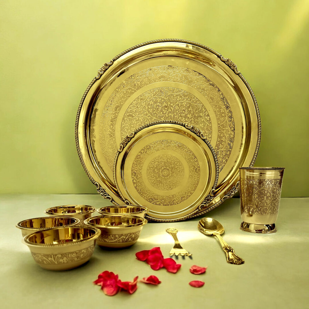 10 Pieces Brass Etched Dinner Set - Brass Globe - 