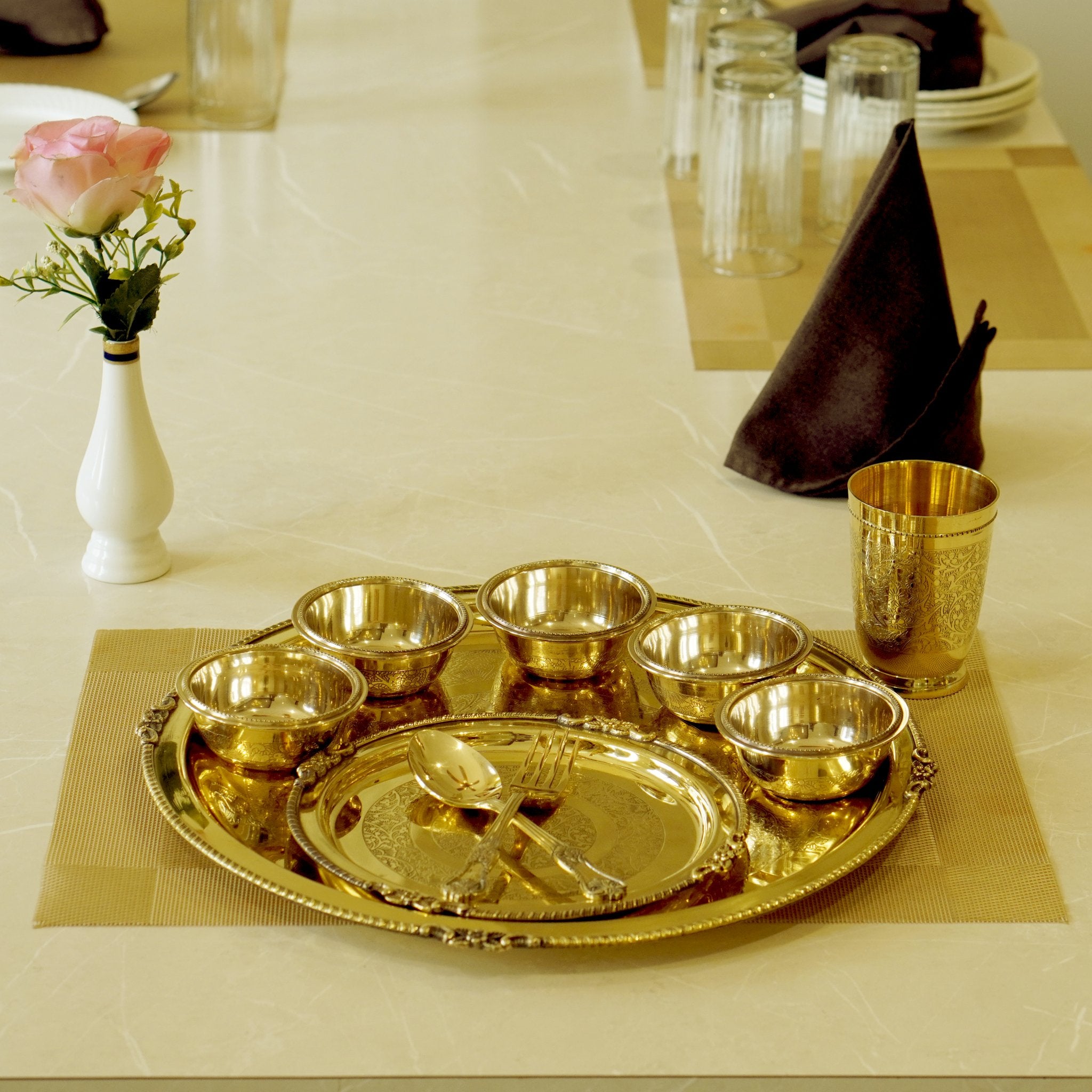 10 Pieces Brass Etched Dinner Set - Brass Globe - 