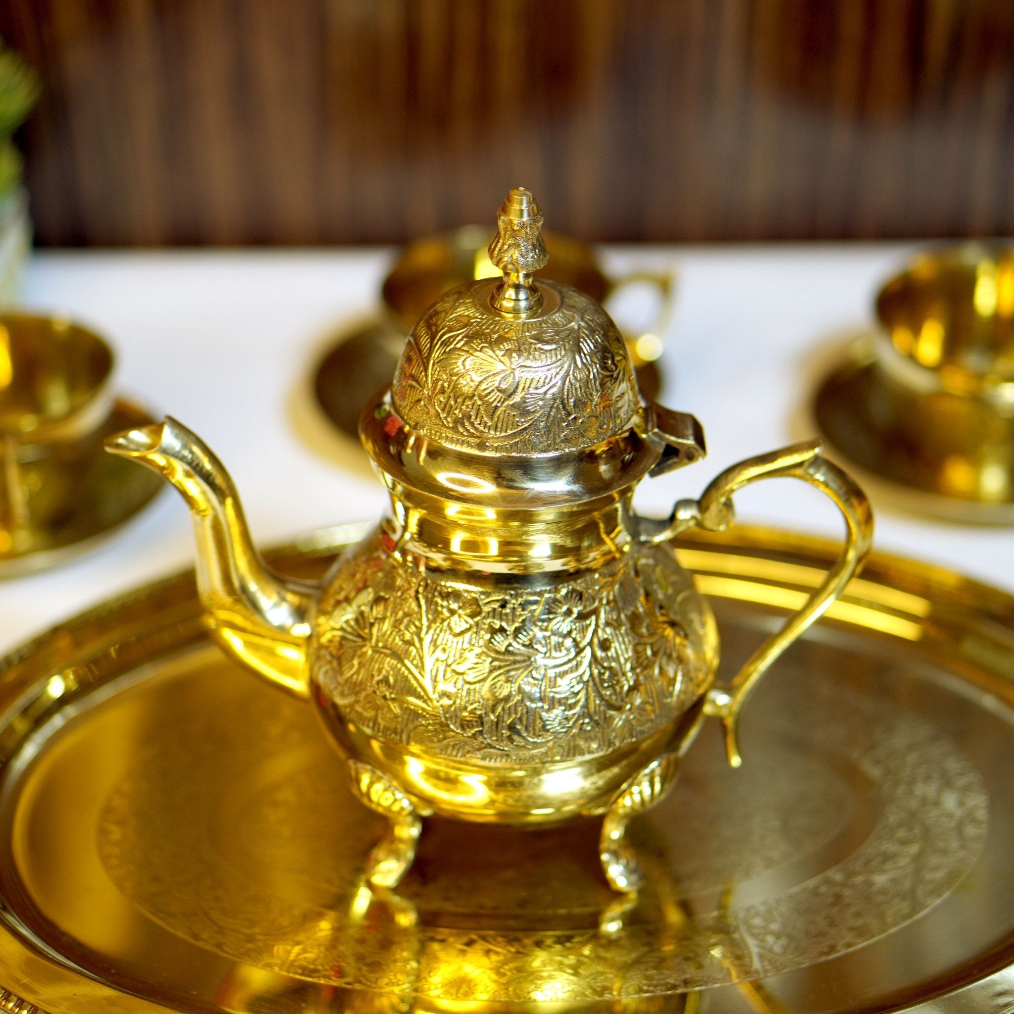 14 Pieces Brass Etched Tea Kettle Set - Brass Globe - 