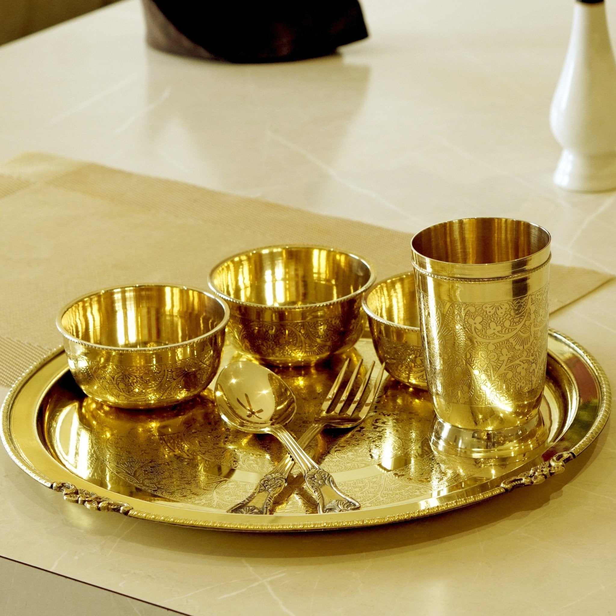 7 Pieces Brass Etched Dinner Set - Brass Globe - 