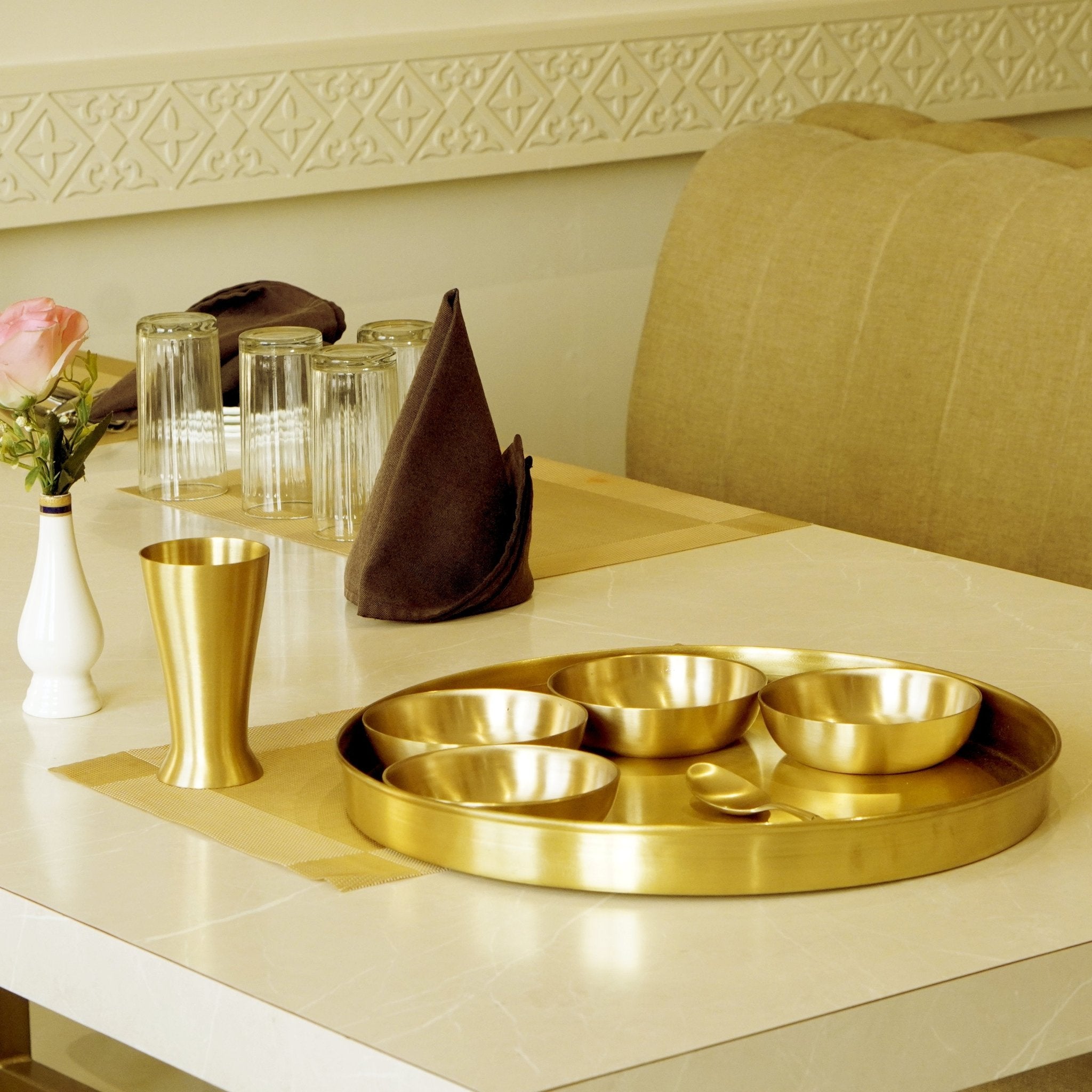 7 Pieces Brass Gujarati Thali Set Matte Finish - Brass Globe - 