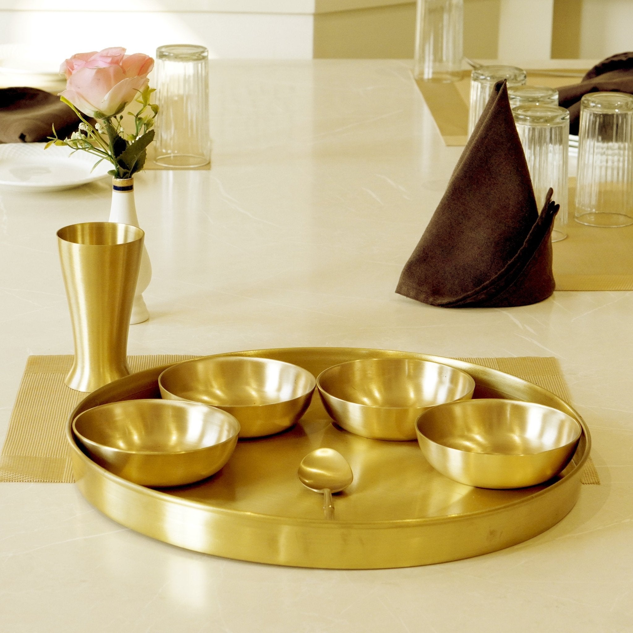 7 Pieces Brass Gujarati Thali Set Matte Finish - Brass Globe - 