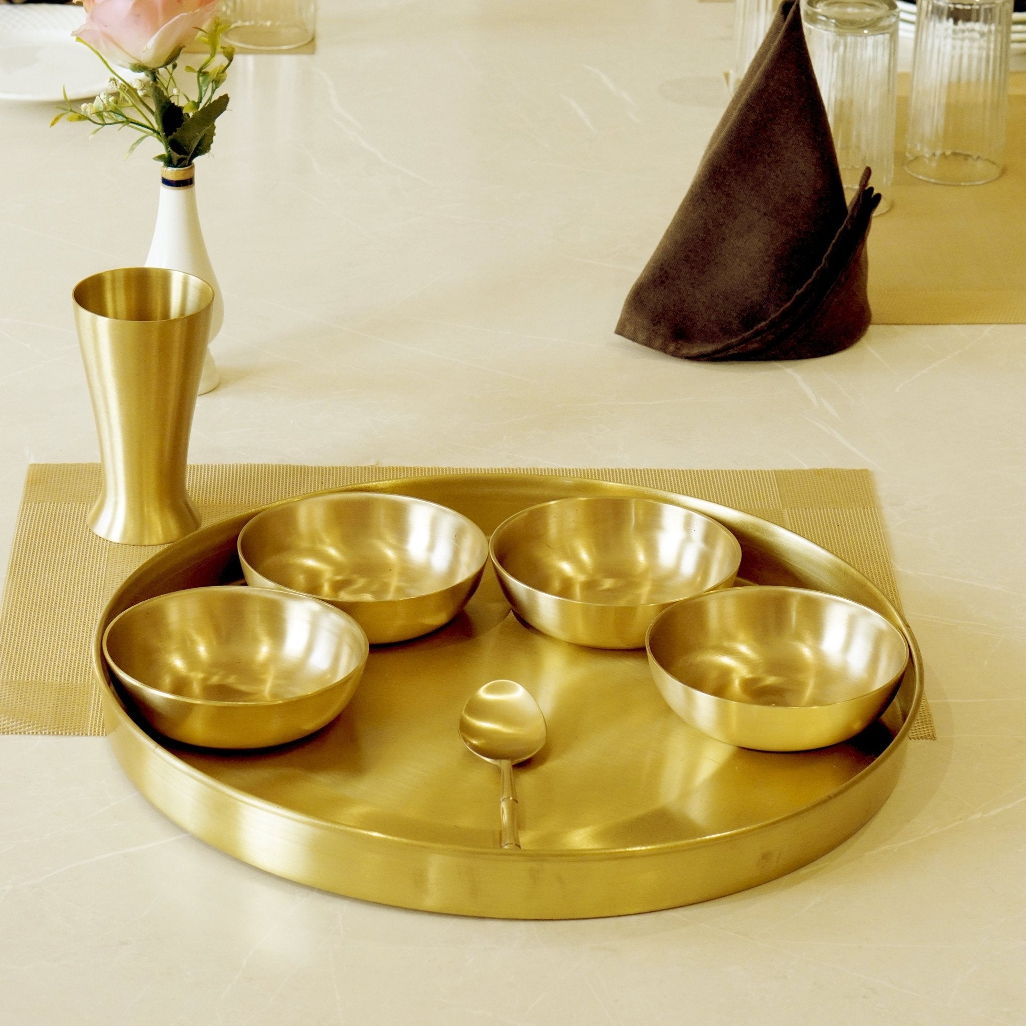 7 Pieces Brass Gujarati Thali Set Matte Finish - Brass Globe - 