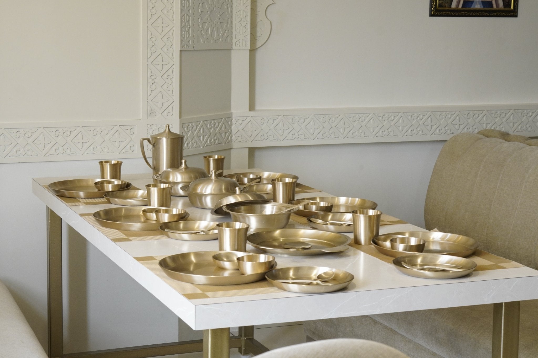 70 Pieces Brass / Pital Dinner Set with Velvet Box - Brass Globe - 