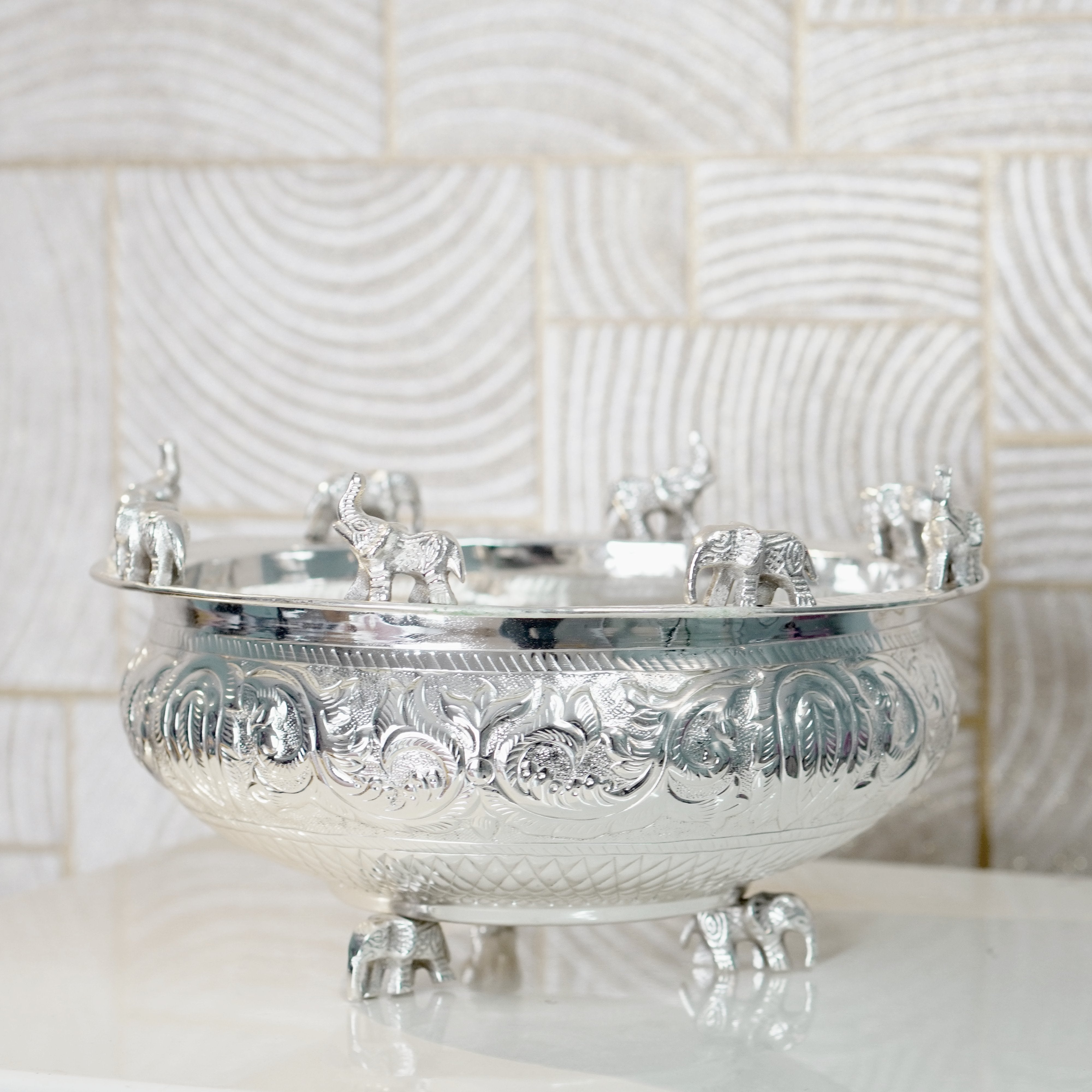 Brass Elephant Urli Silver Finish