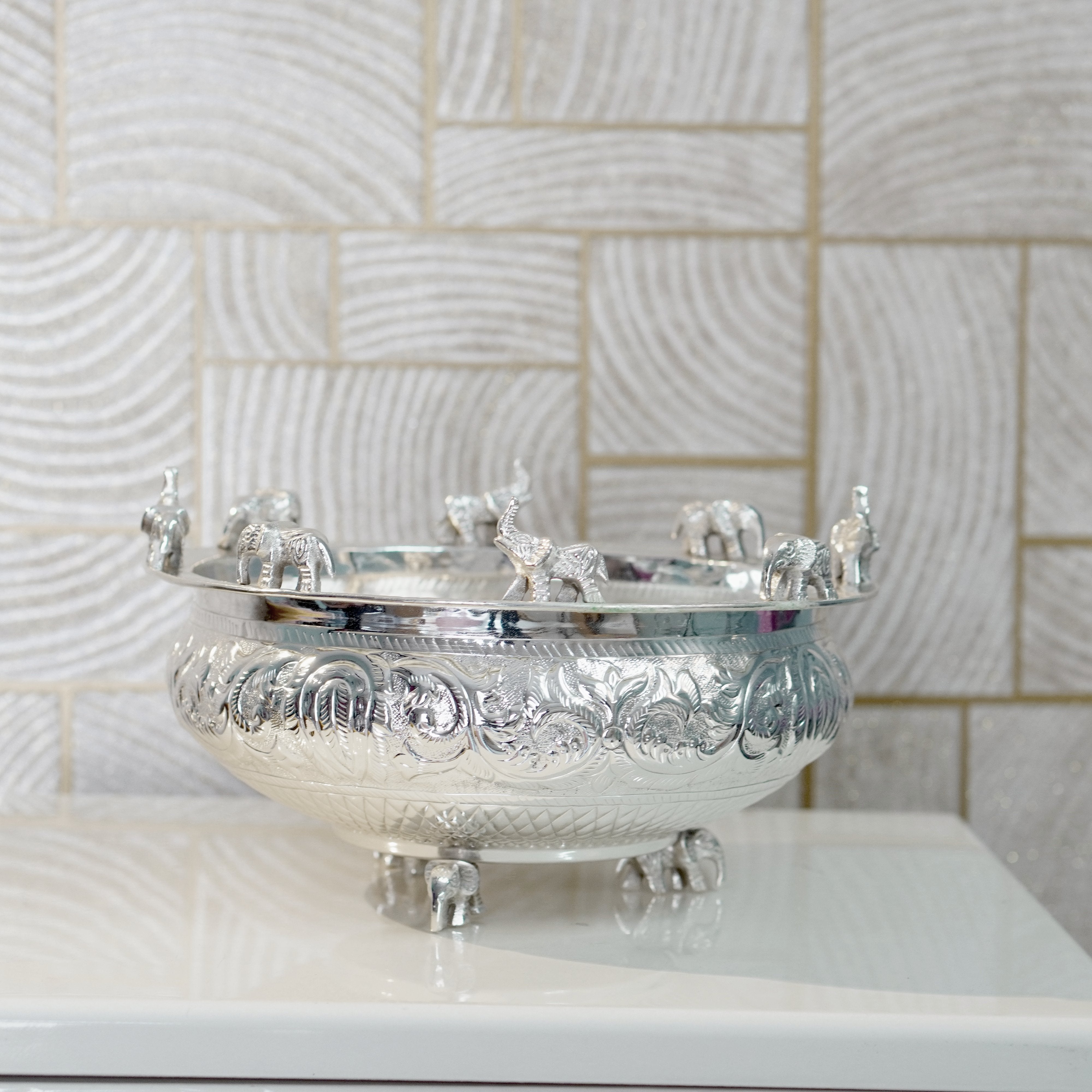 Brass Elephant Urli Silver Finish
