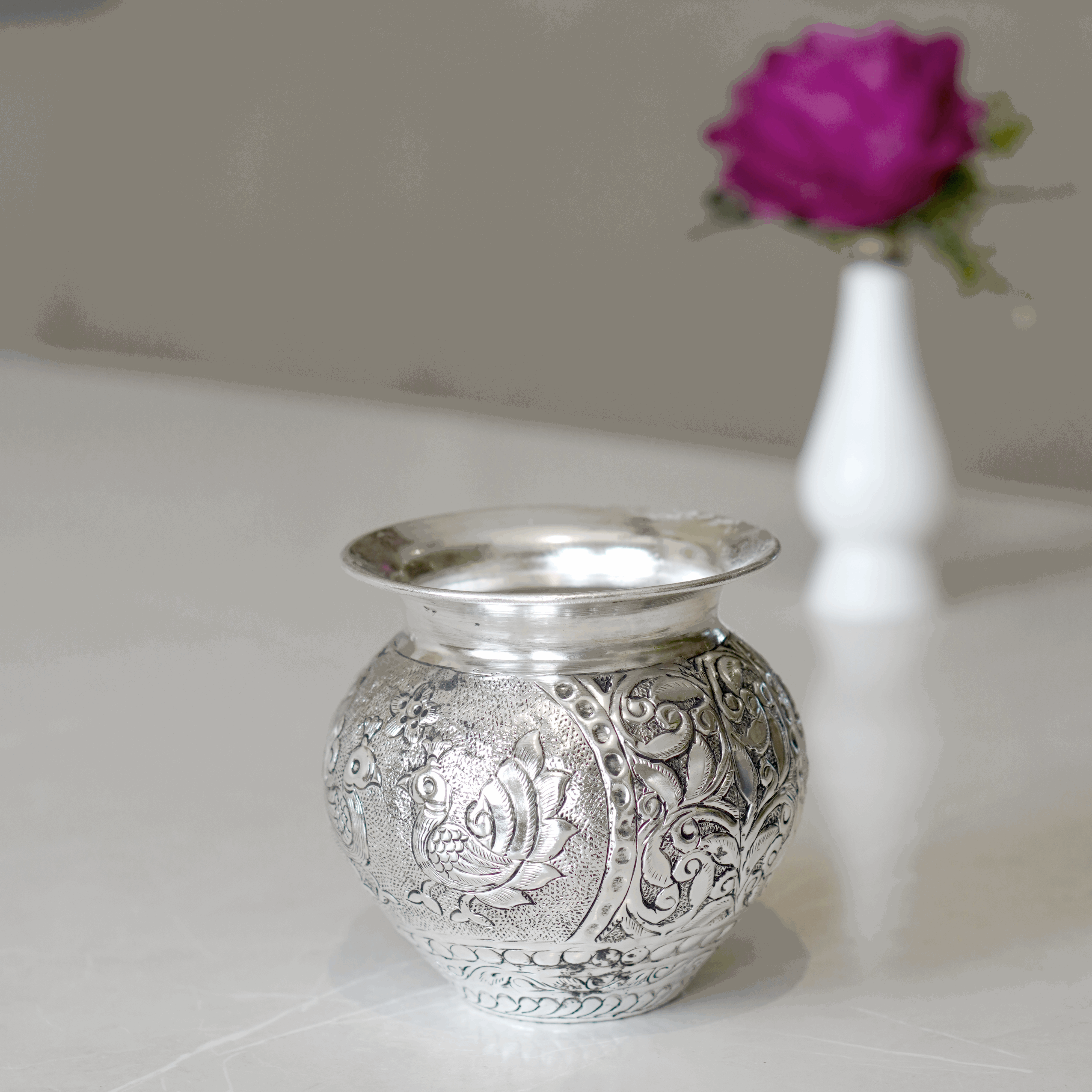 Brass Mayur Lota / Kalash with Silver Finish