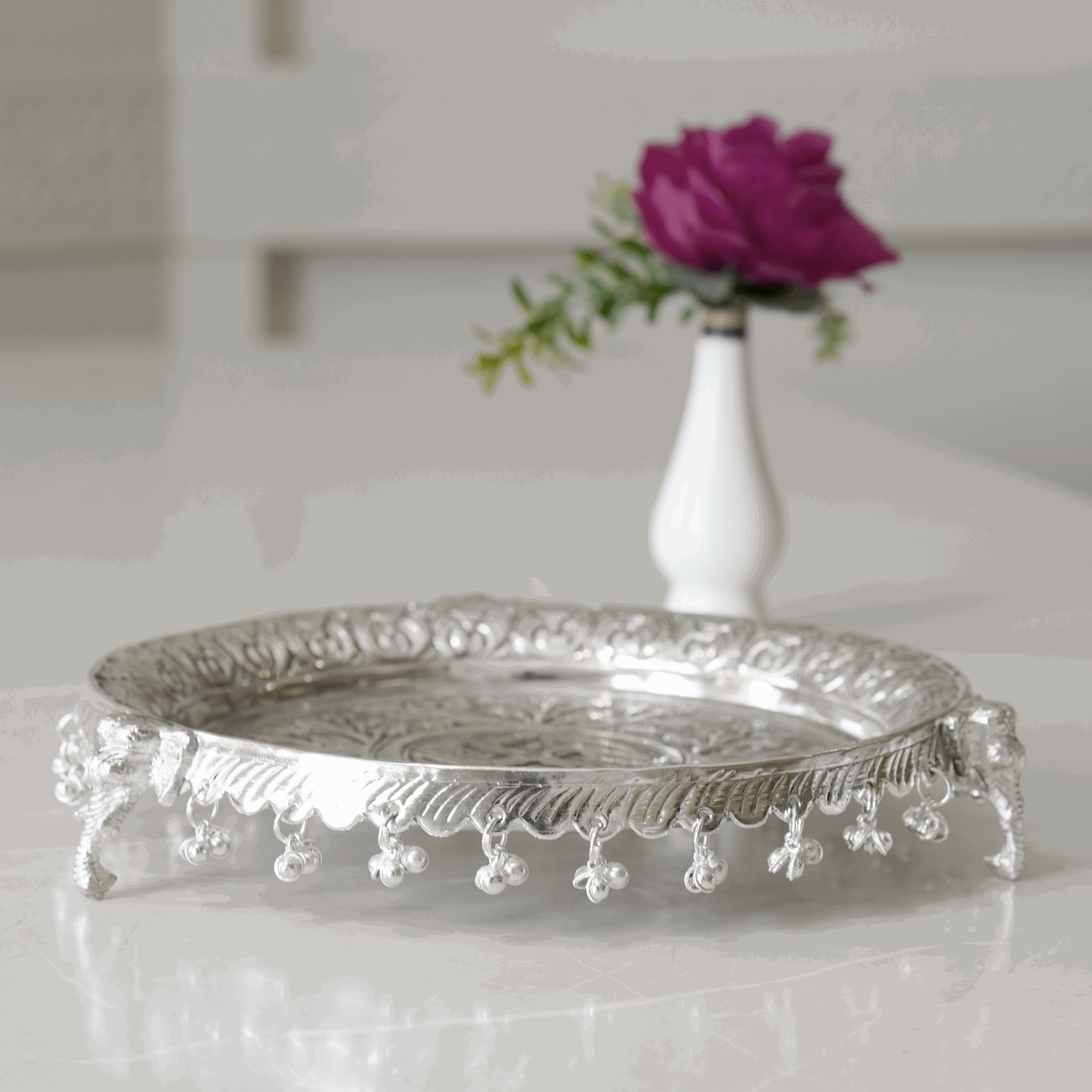 Brass Ghungroo Pooja Set With Silver Finish