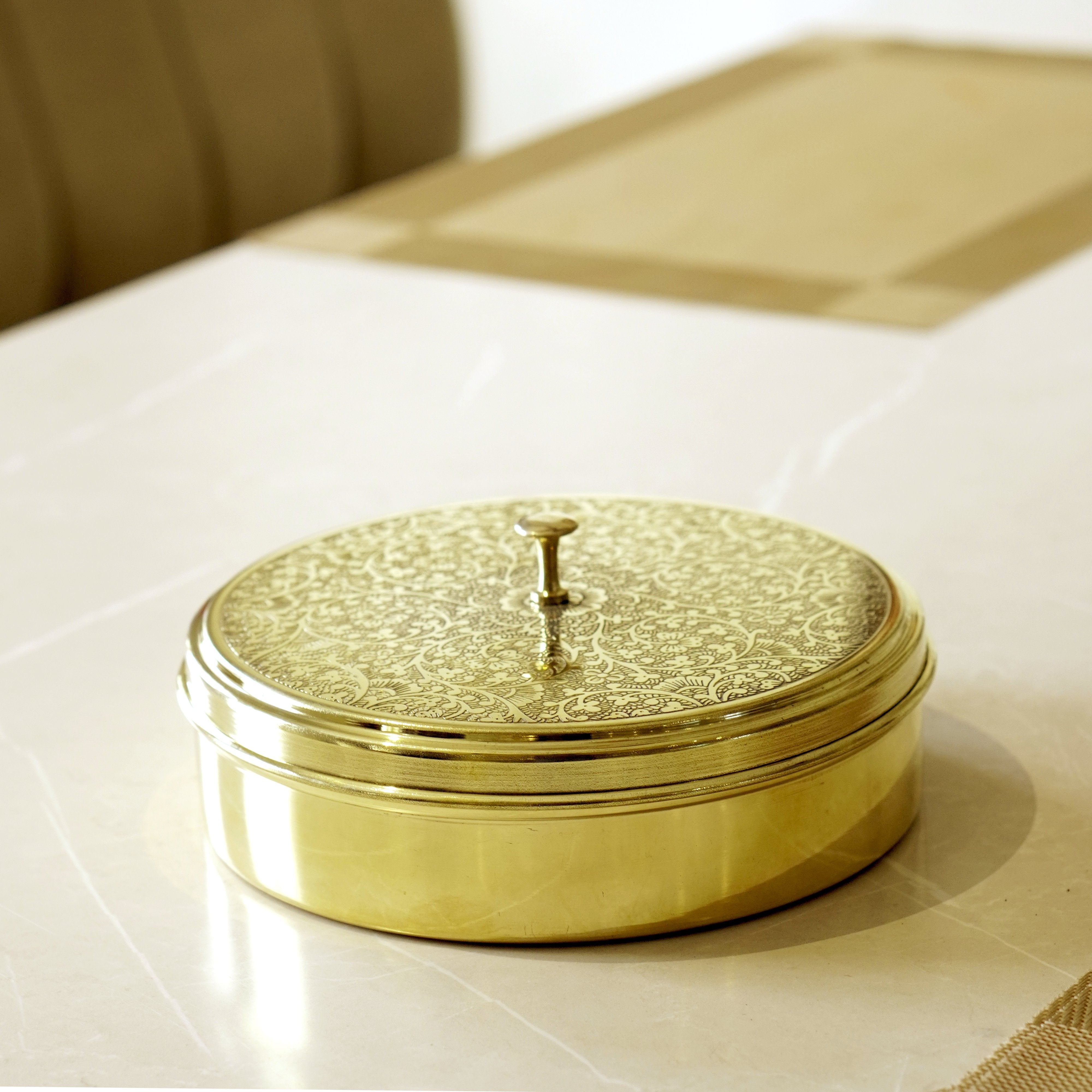 Etched Brass Masala Box (7 Inch)