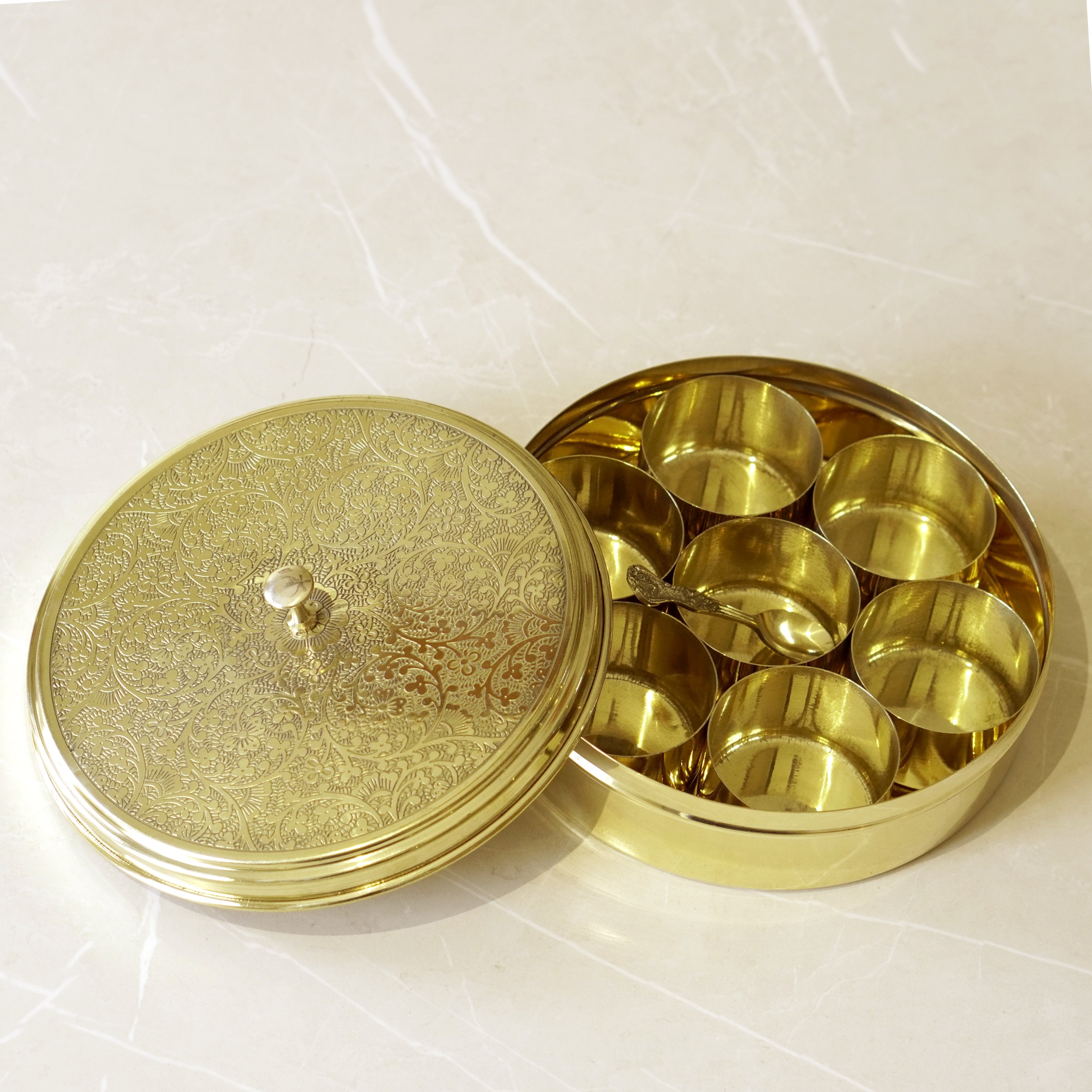 Etched Brass Masala Box (7 Inch)