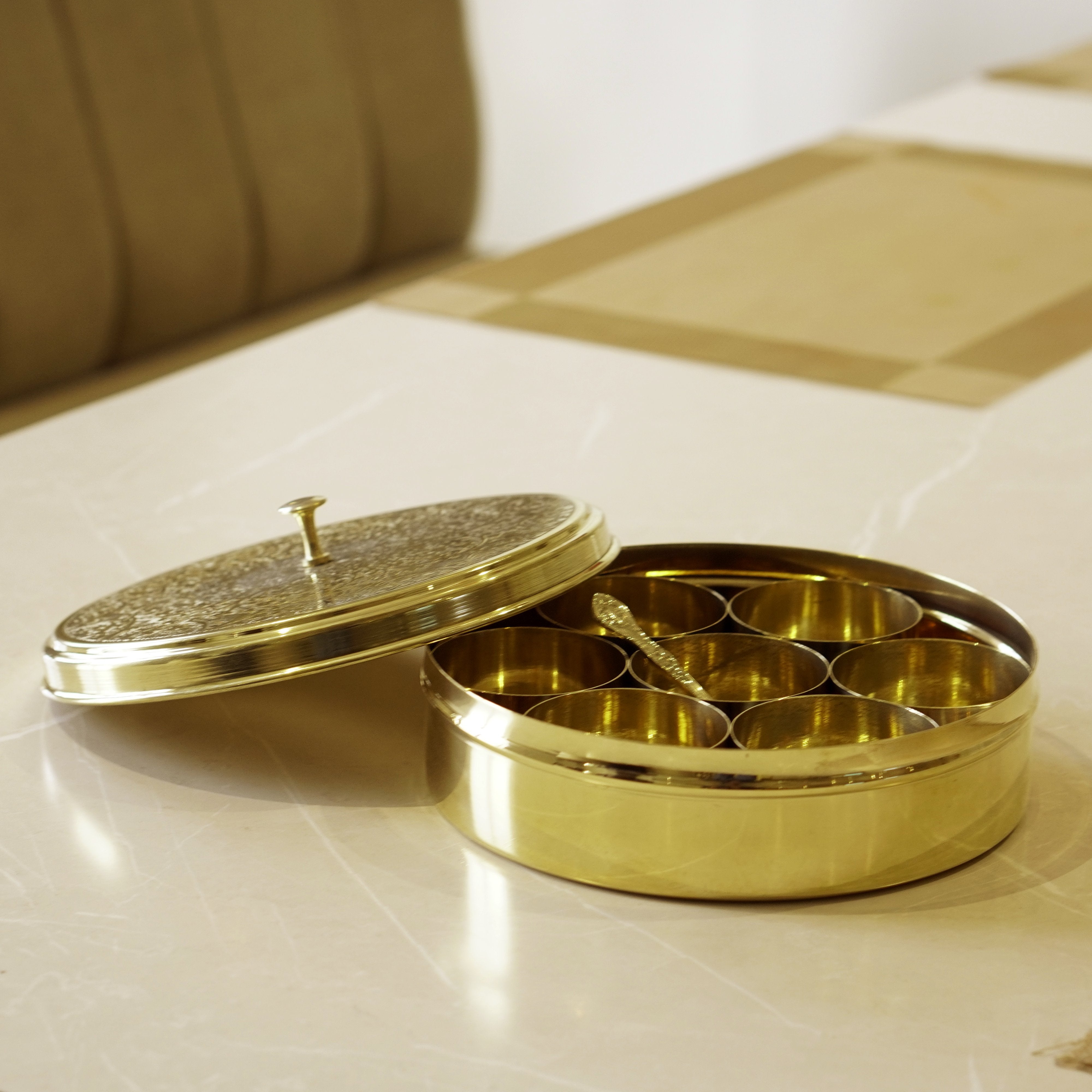 Etched Brass Masala Box (7 Inch)