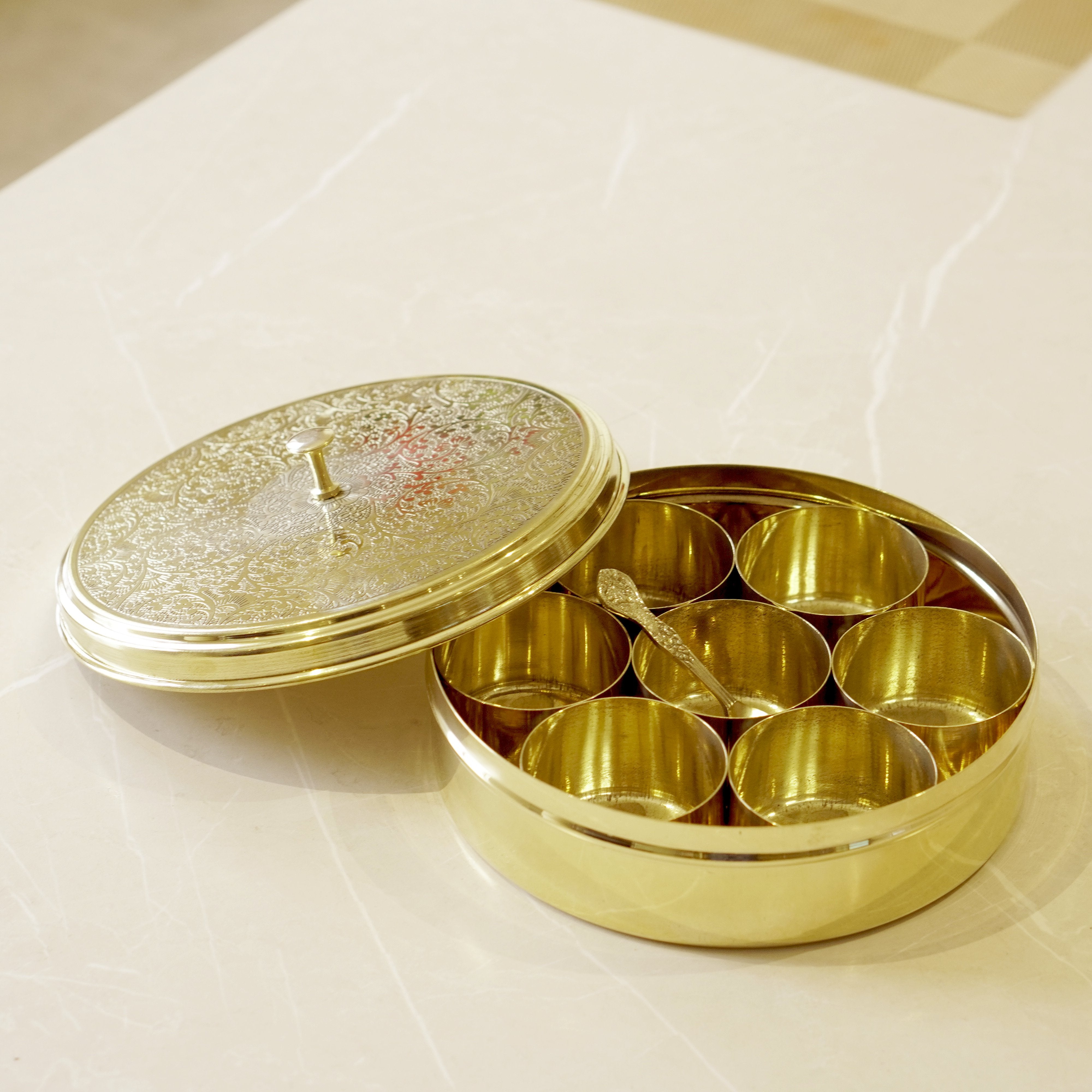 Etched Brass Masala Box (7 Inch)