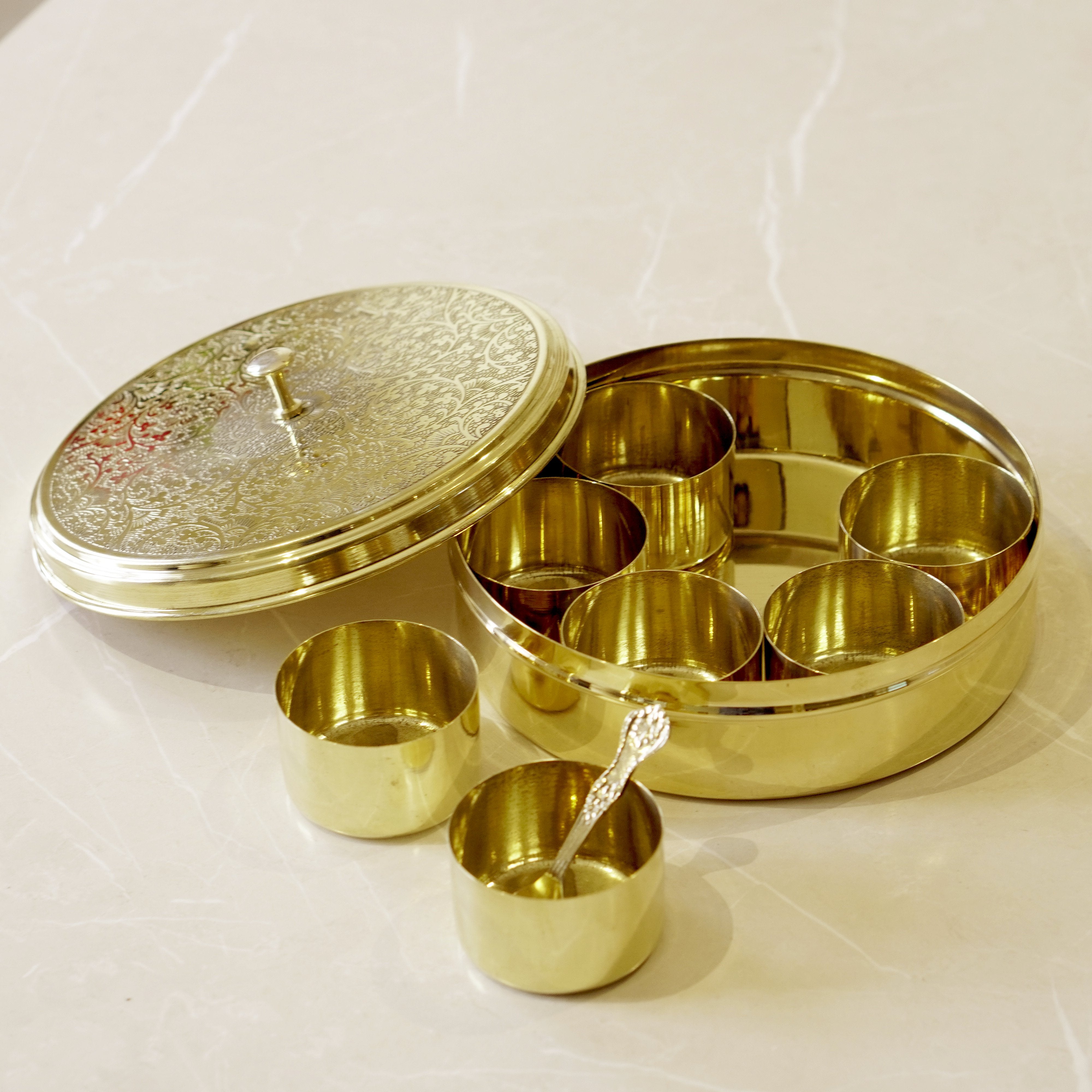 Etched Brass Masala Box (7 Inch)