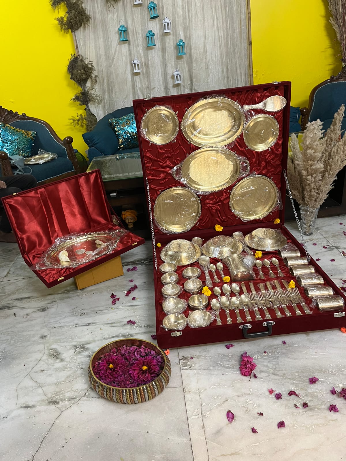 70 Pieces Brass / Pital Dinner Set with Velvet Box