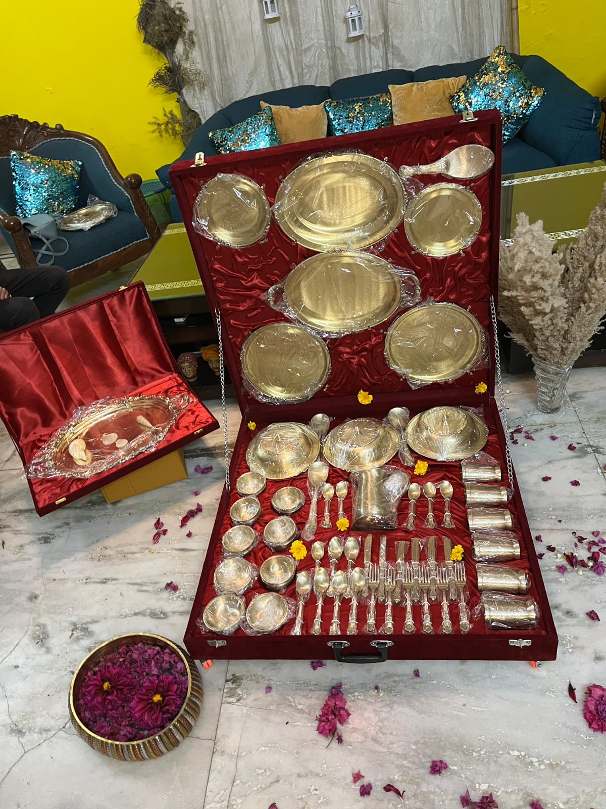 70 Pieces Brass / Pital Dinner Set with Velvet Box