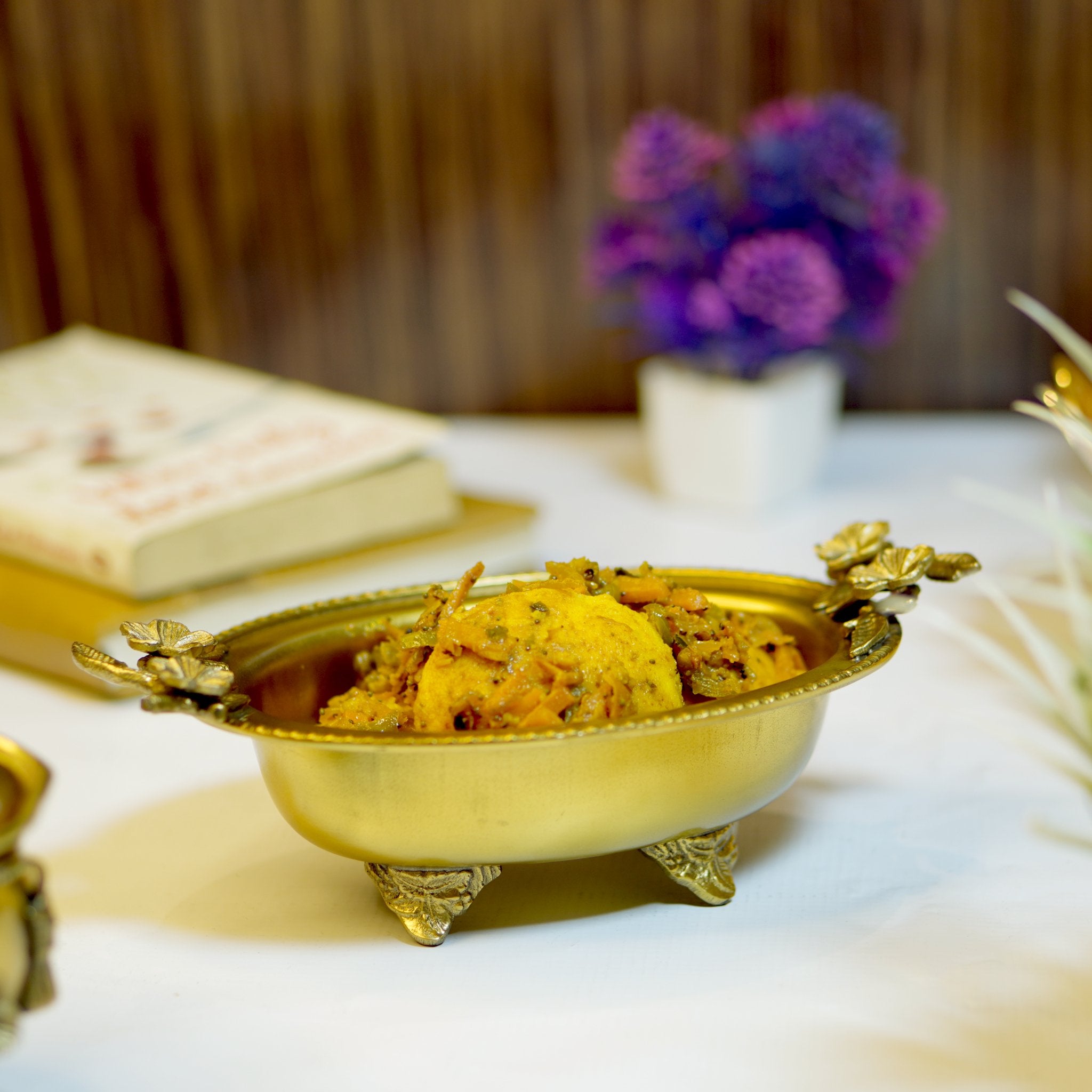 Brass Antique Snack Bowl with Flower Design - Brass Globe - 