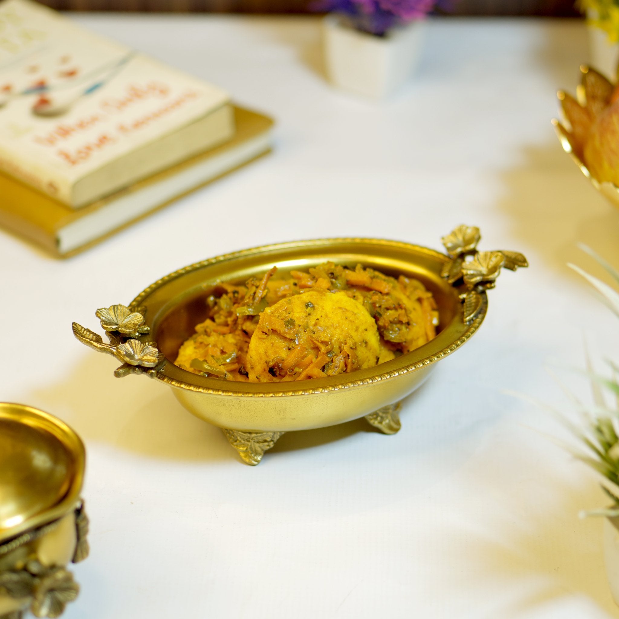 Brass Antique Snack Bowl with Flower Design - Brass Globe - 