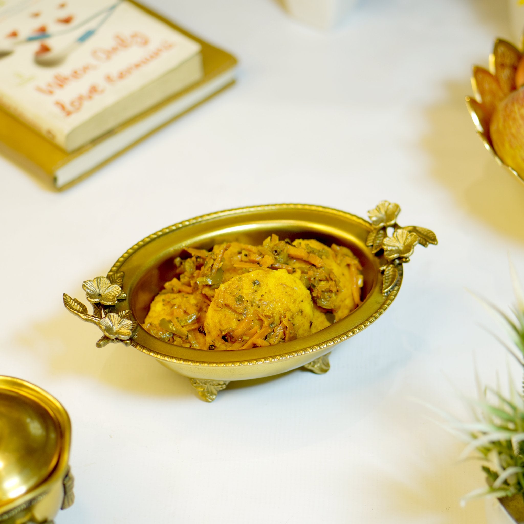 Brass Antique Snack Bowl with Flower Design - Brass Globe - 