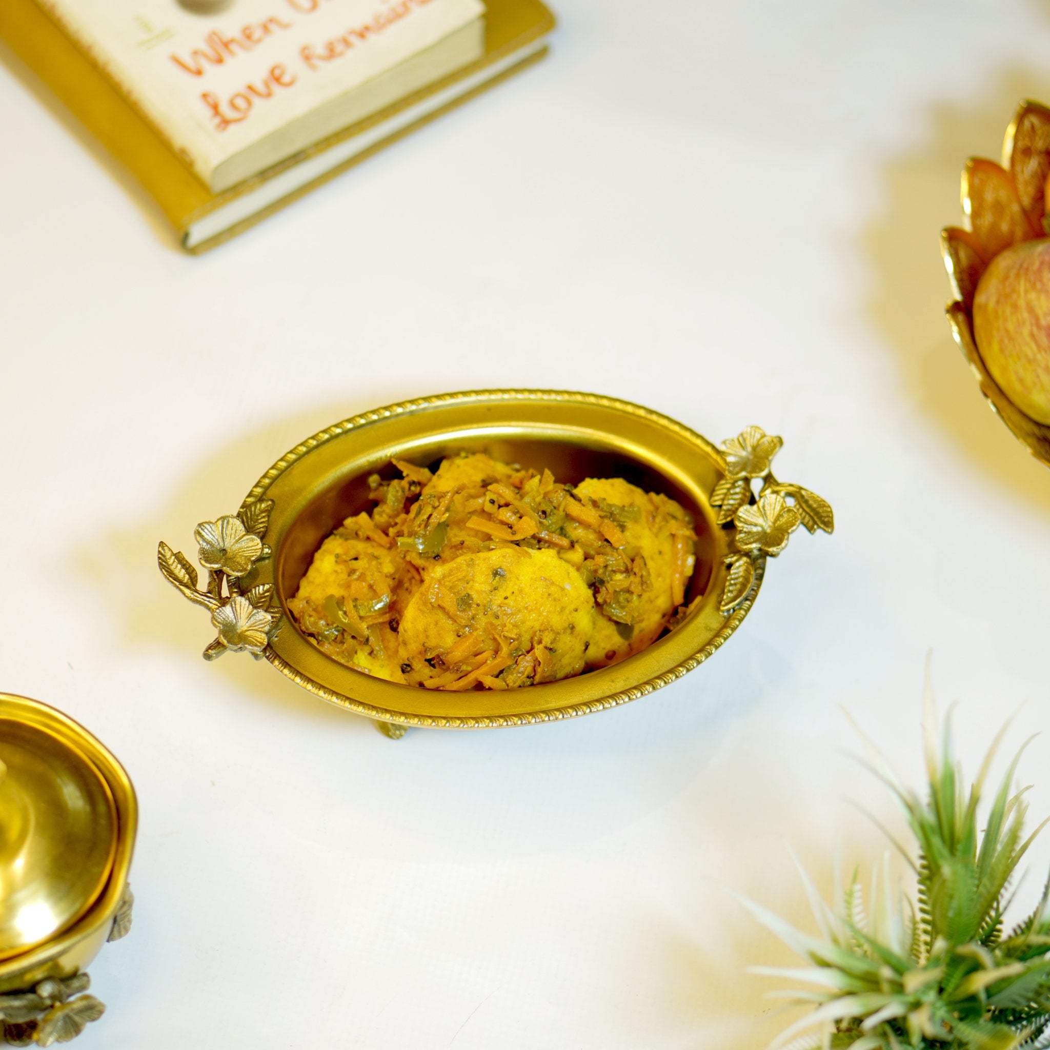 Brass Antique Snack Bowl with Flower Design - Brass Globe - 