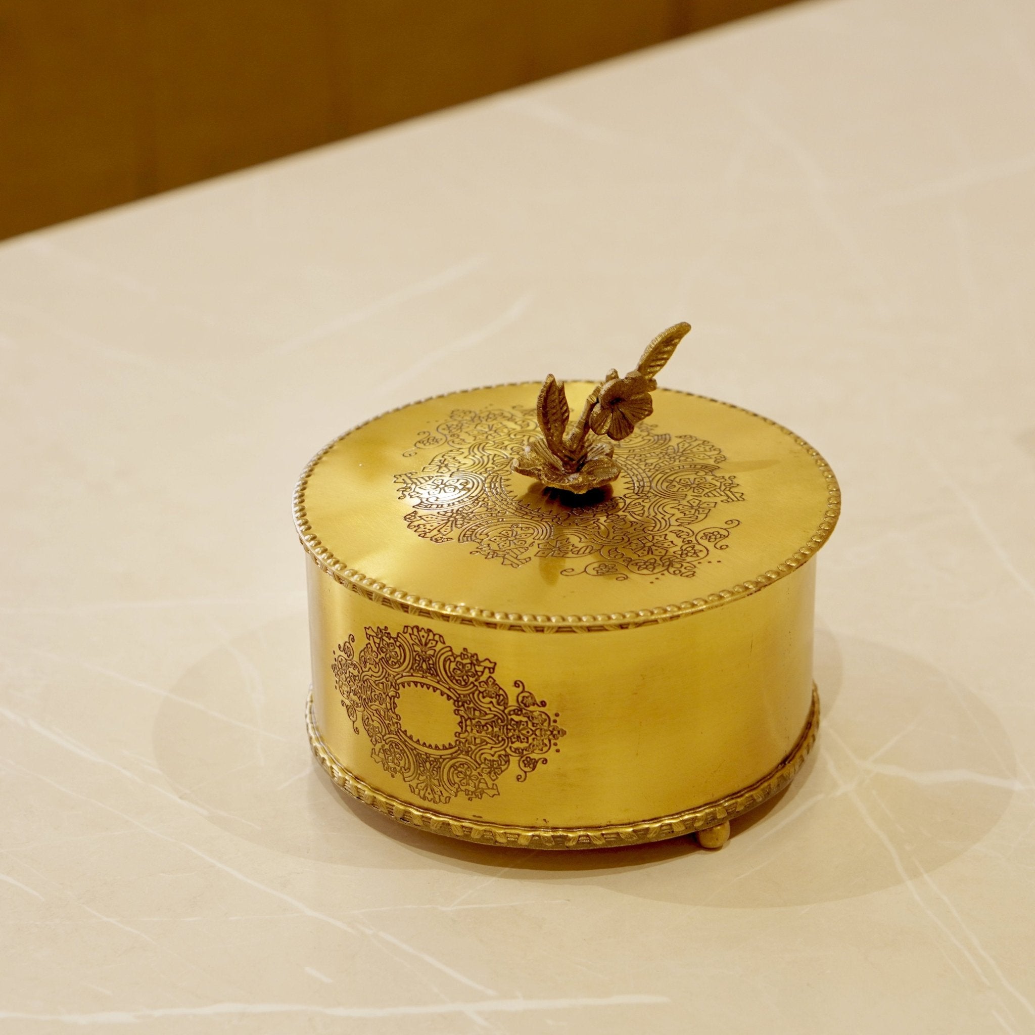 Brass Antique Storage Box with Flower Handle - Brass Globe - 