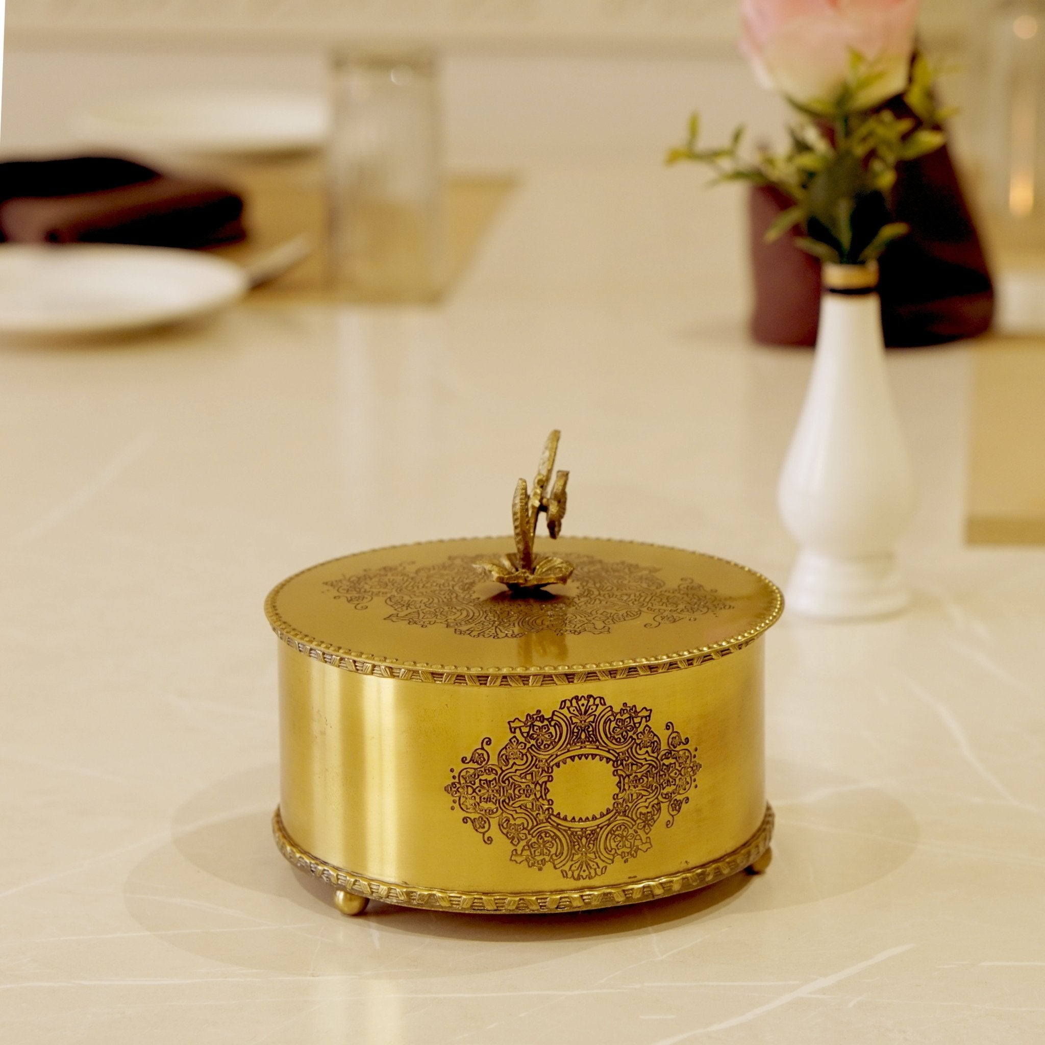 Brass Antique Storage Box with Flower Handle - Brass Globe - 