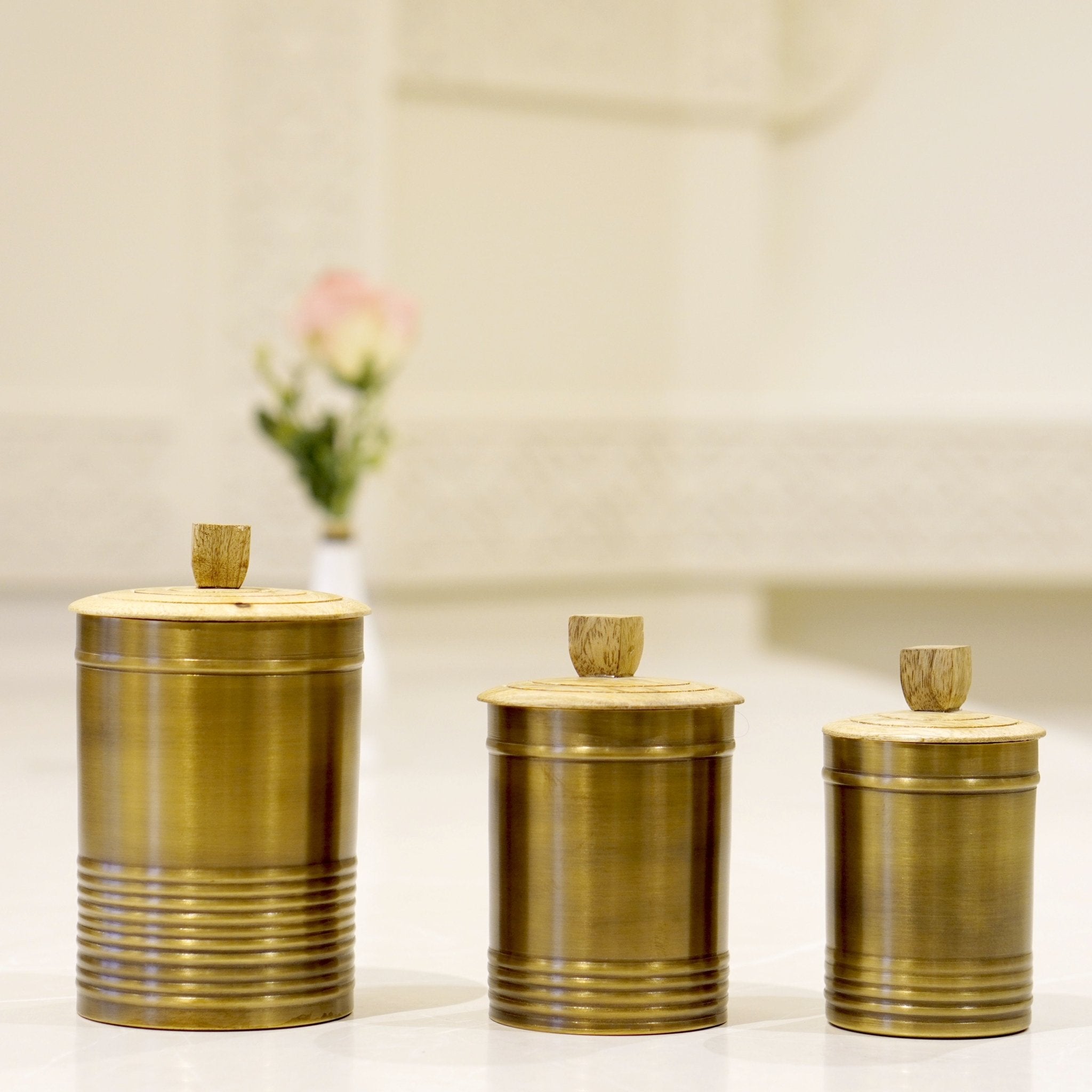 Brass Cannisters with wooden lid - Brass Globe - 