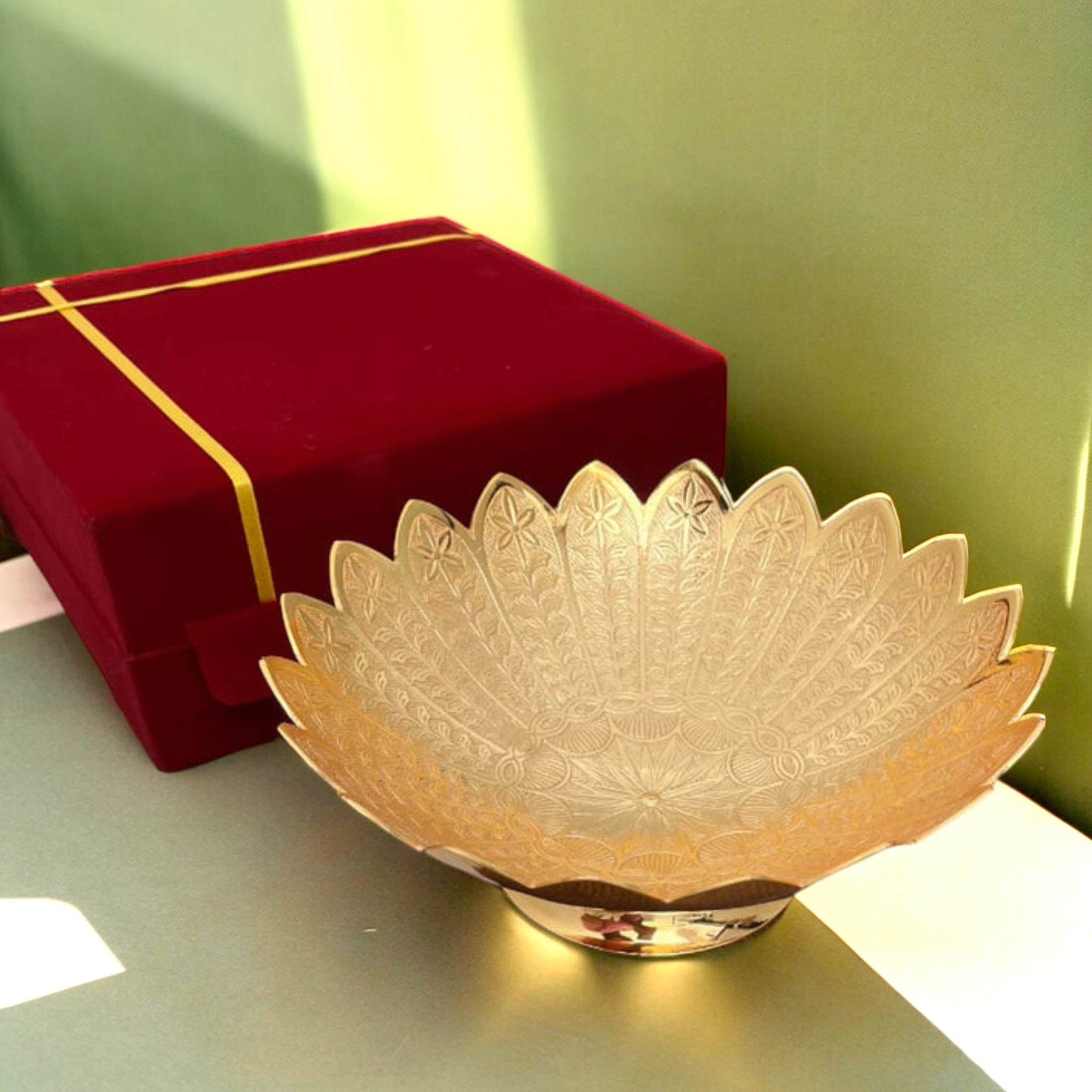 Brass Etched Bowl with Velvet Box - Brass Globe - 