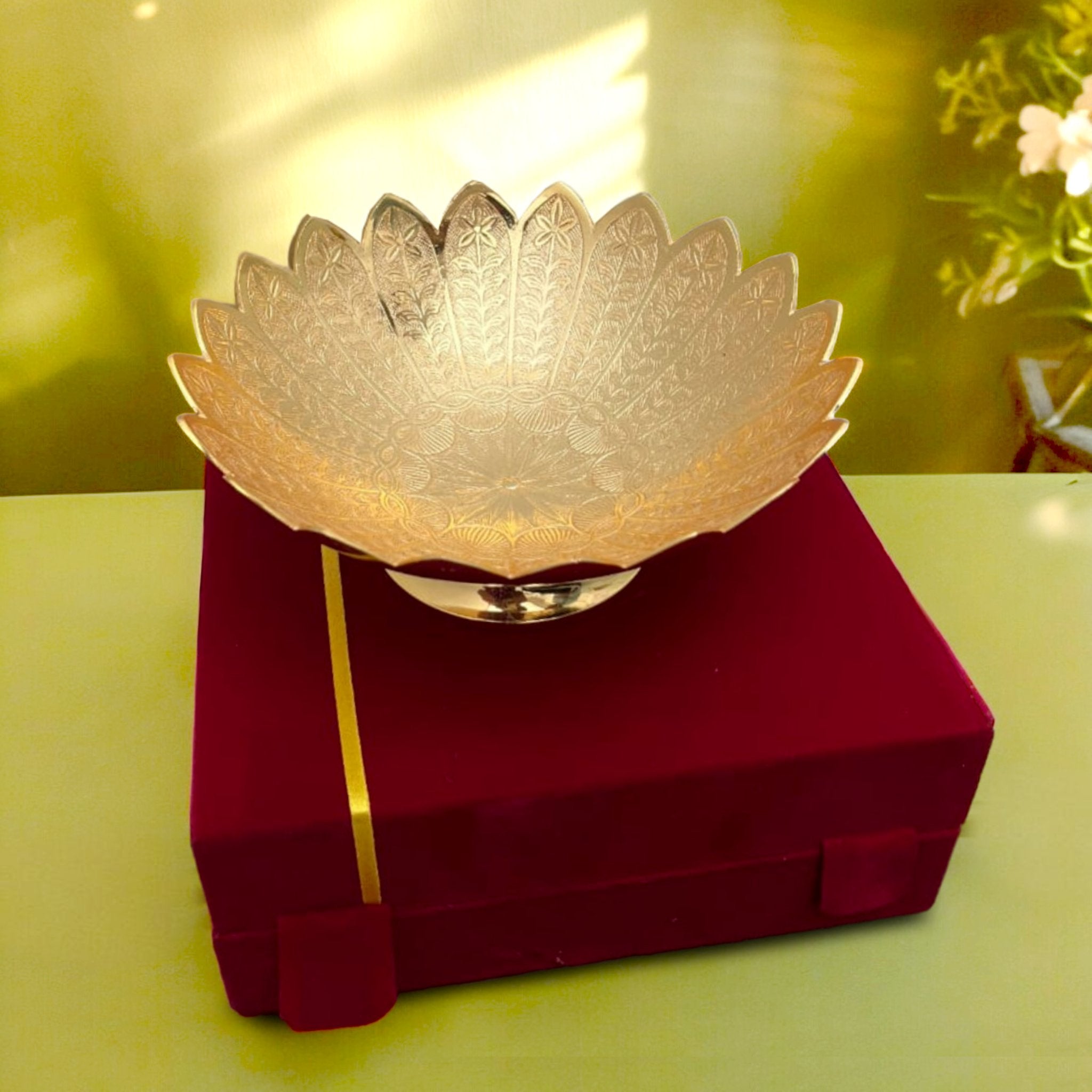 Brass Etched Bowl with Velvet Box - Brass Globe - 