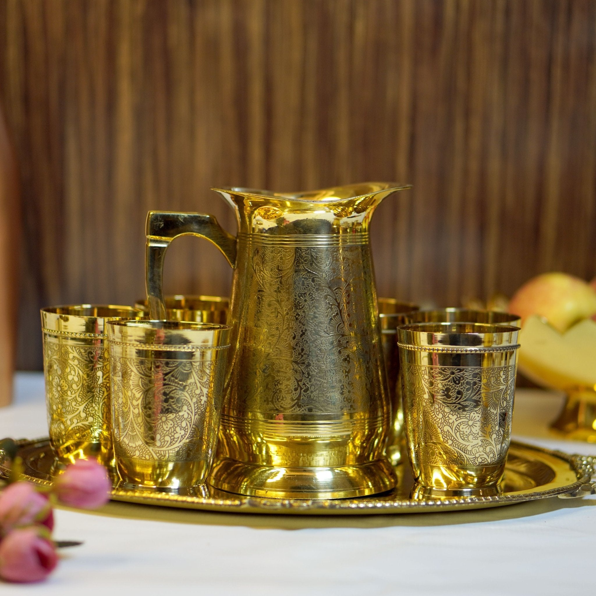 Brass Lemonade / Juice Jug with 6 Glasses and Tray - Brass Globe - 