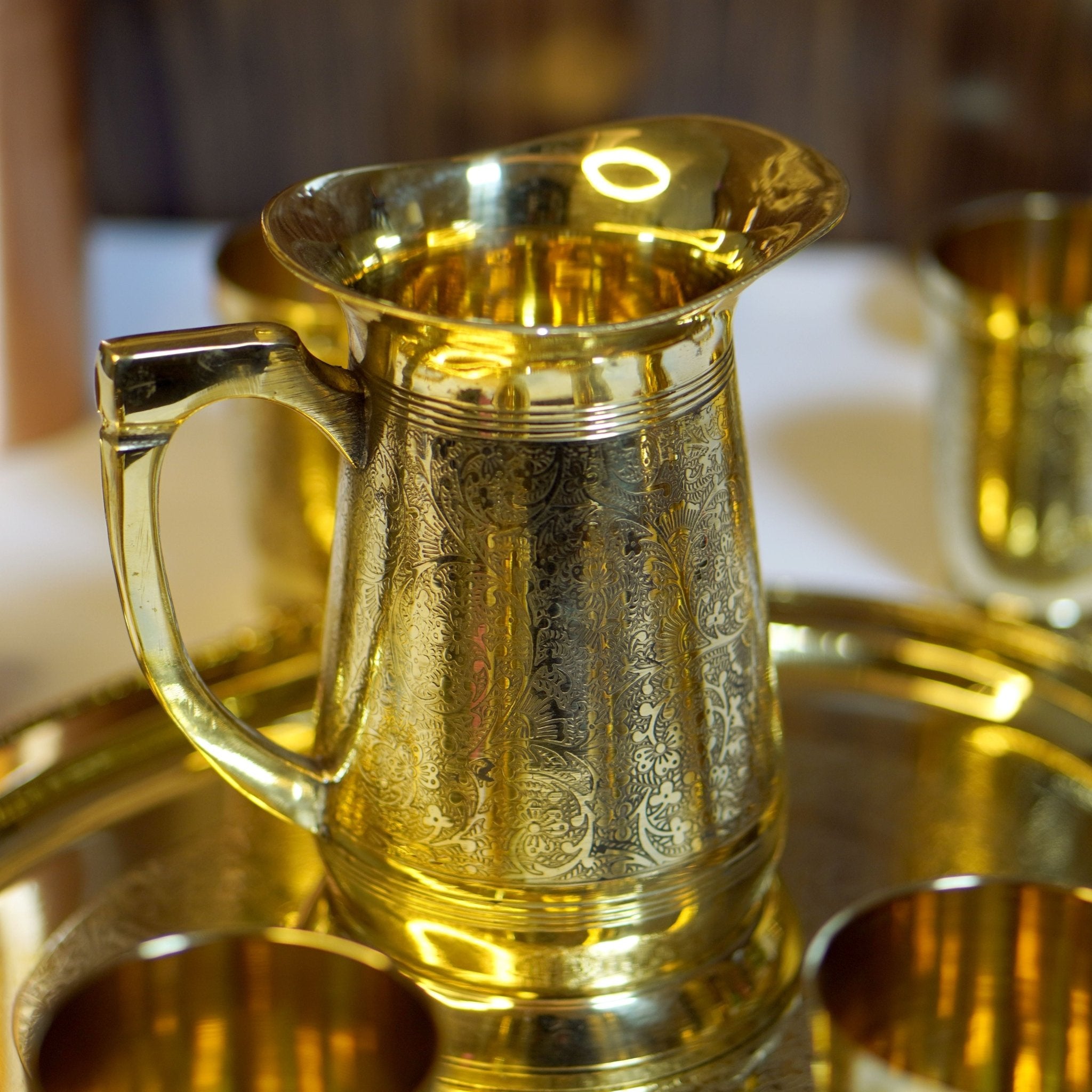 Brass Lemonade / Juice Jug with 6 Glasses and Tray - Brass Globe - 