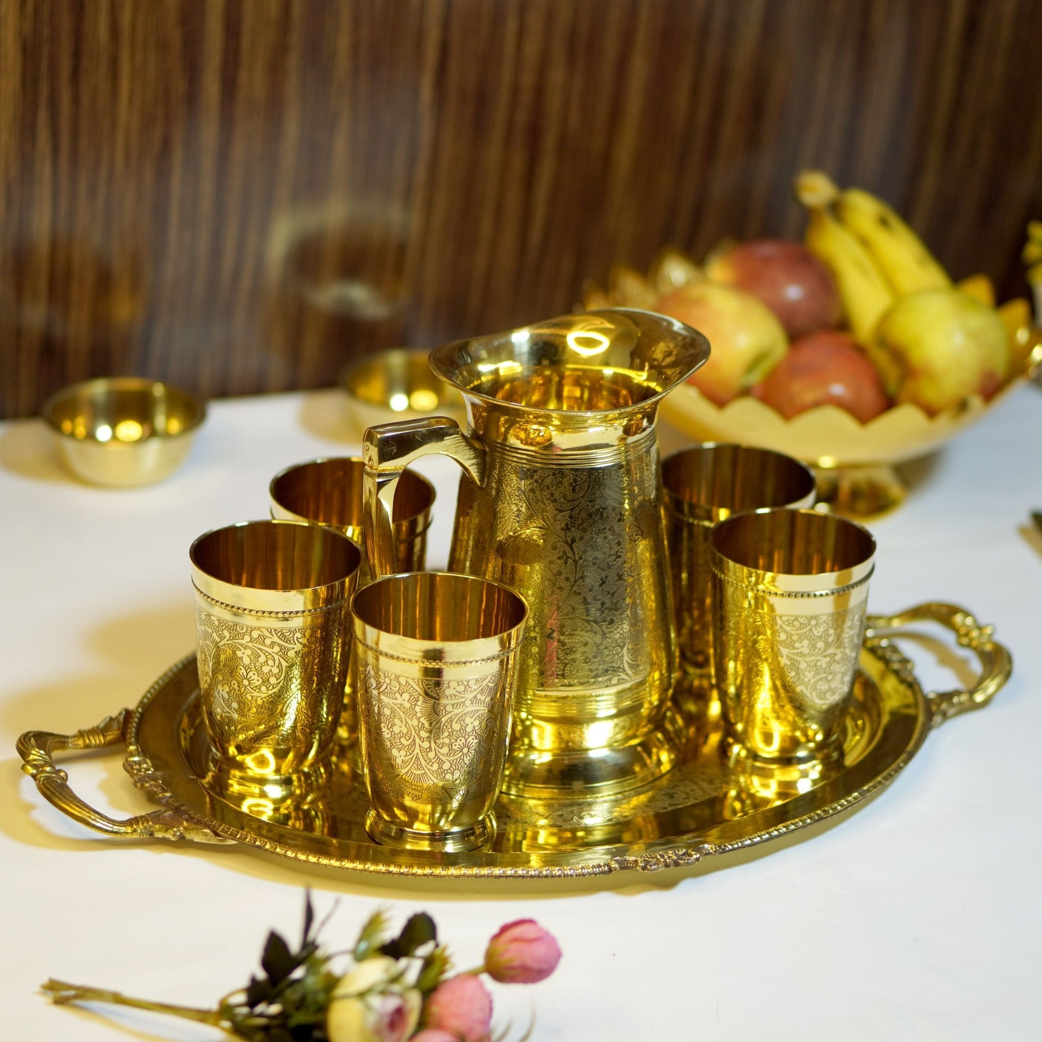 Brass Lemonade / Juice Jug with 6 Glasses and Tray - Brass Globe - 