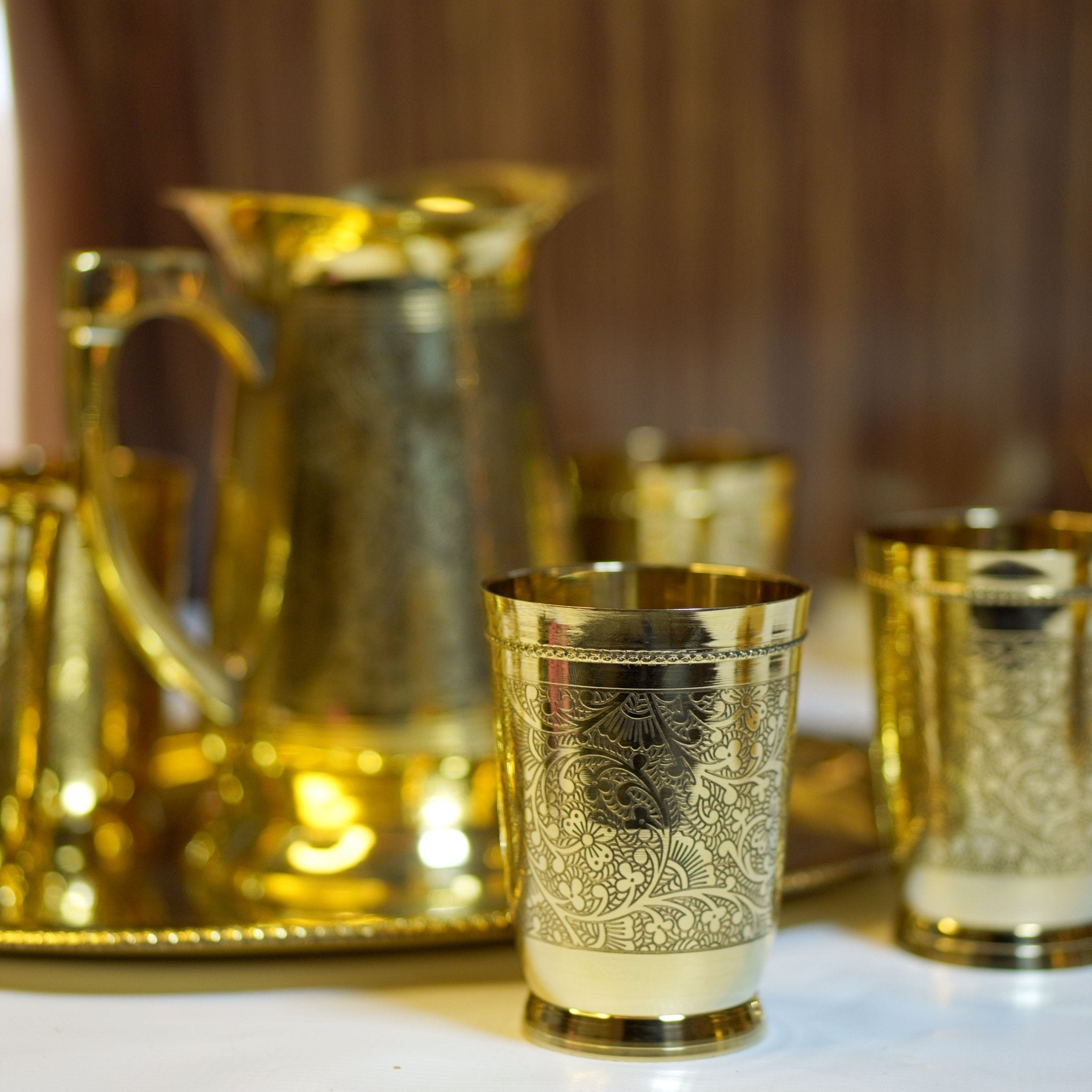 Brass Lemonade / Juice Jug with 6 Glasses and Tray - Brass Globe - 