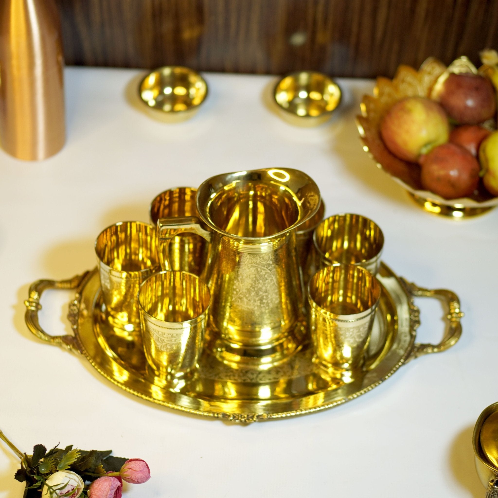 Brass Lemonade / Juice Jug with 6 Glasses and Tray - Brass Globe - 