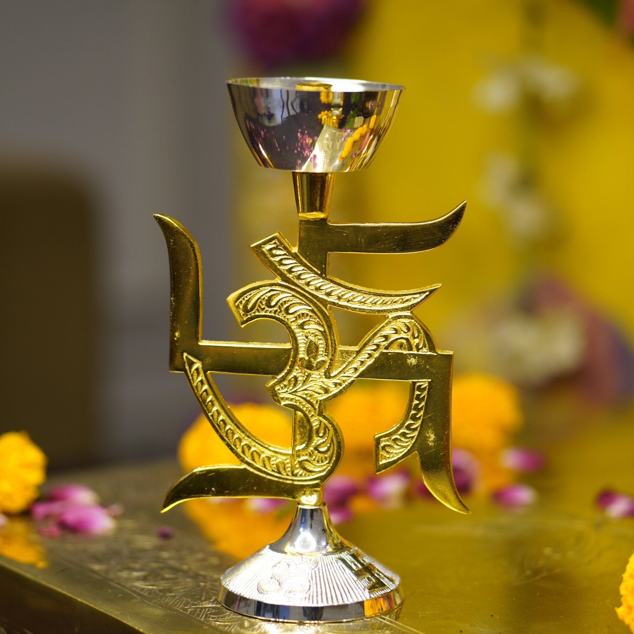 Brass Swastik Oil Lamp [Deepak] - Brass Globe - 