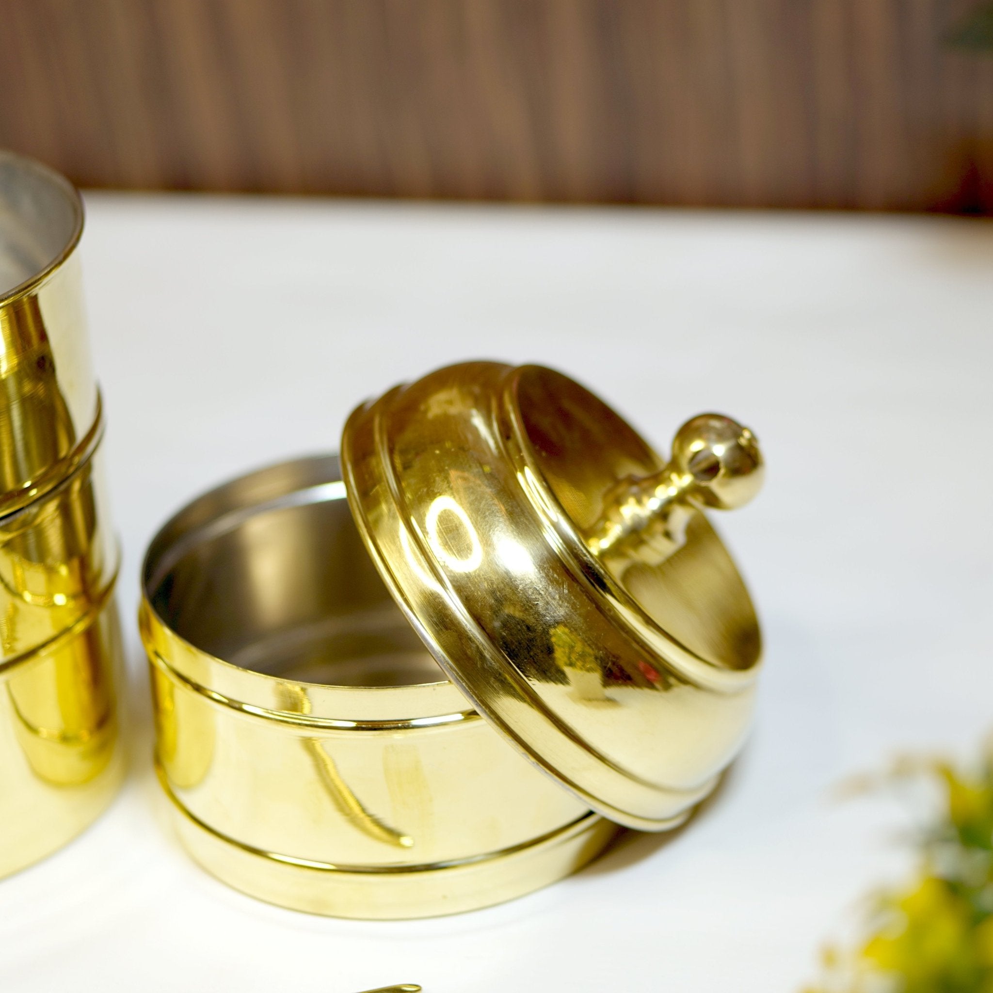 Brass Tiffin Box / Lunch Box with Tin Coating - Brass Globe - 