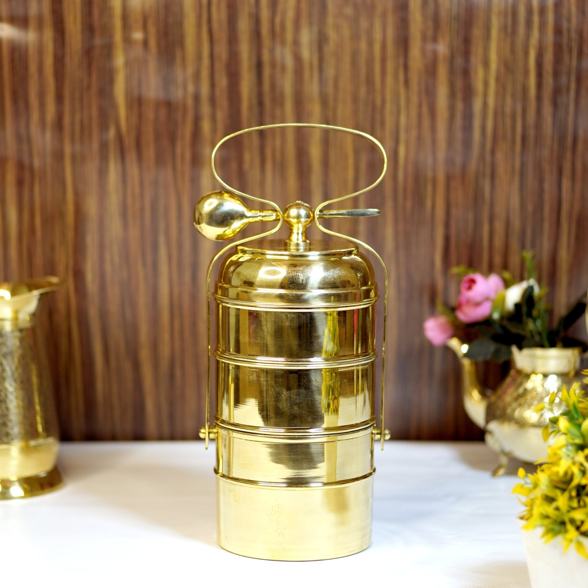 Brass Tiffin Box / Lunch Box with Tin Coating - Brass Globe - 