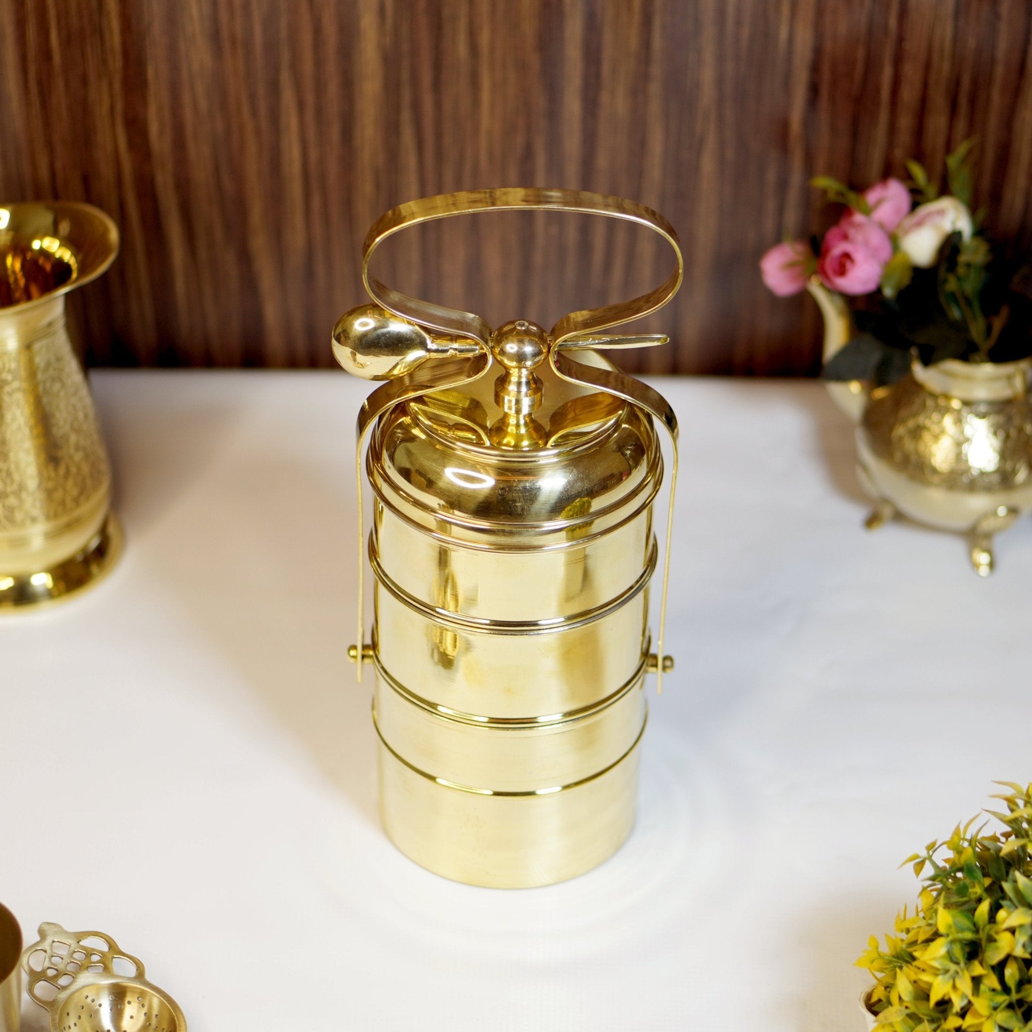 Brass Tiffin Box / Lunch Box with Tin Coating - Brass Globe - 