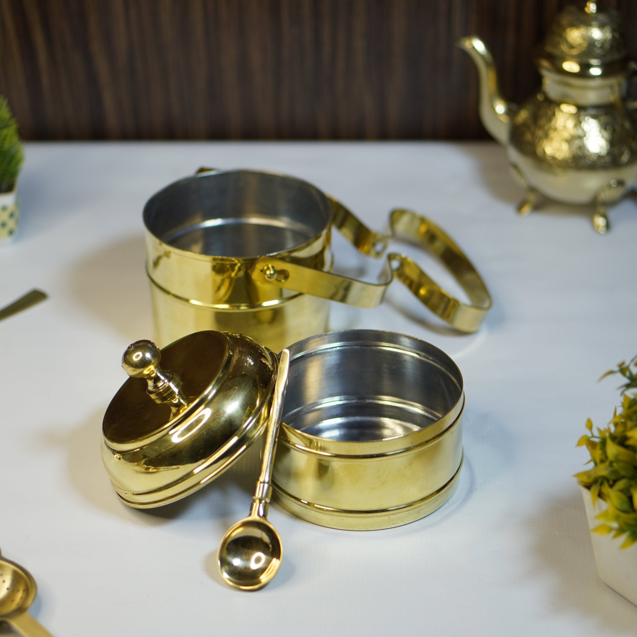 Brass Tiffin with spoon (2 compartment) - Brass Globe - 